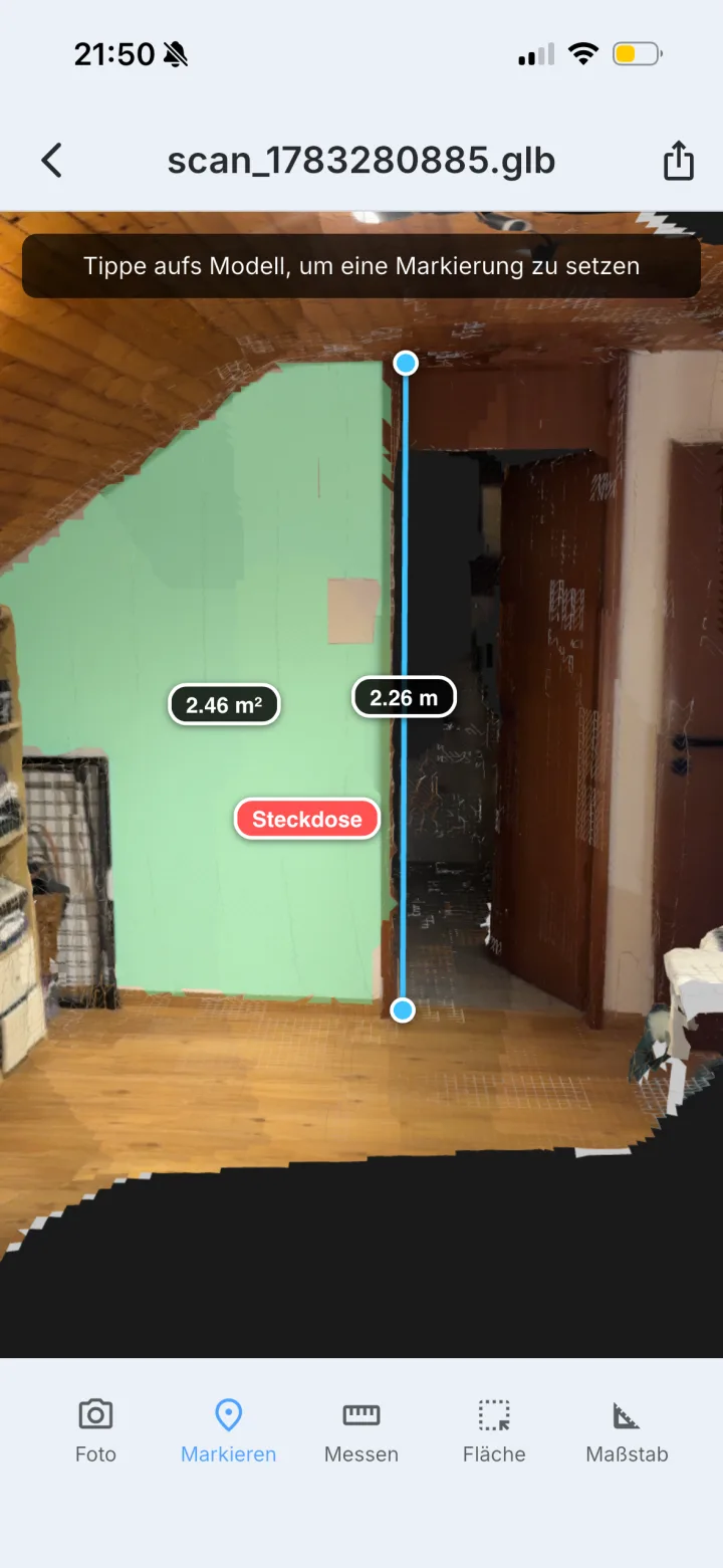 Tap two points in the 3D model to measure distance in Skava