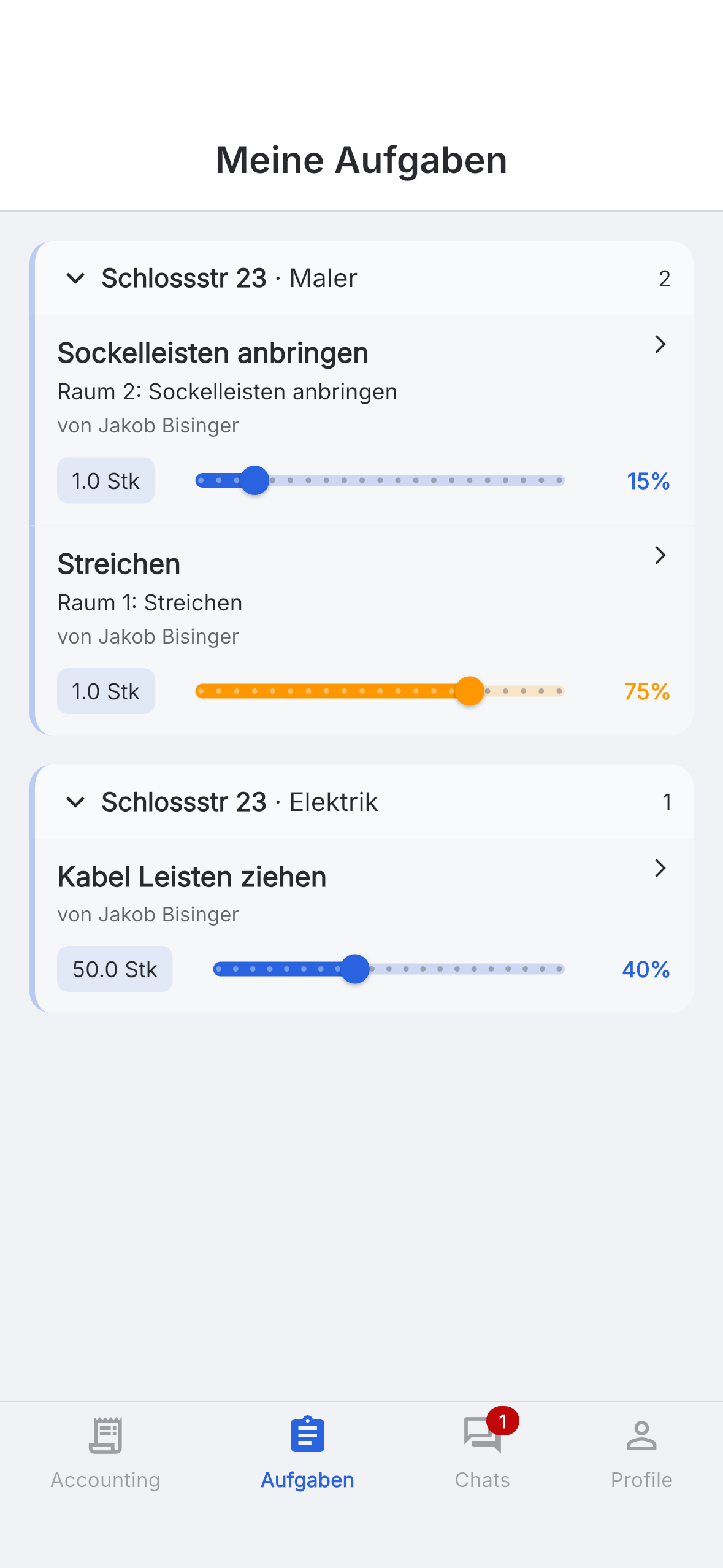 Aufgabenübersicht in Skava