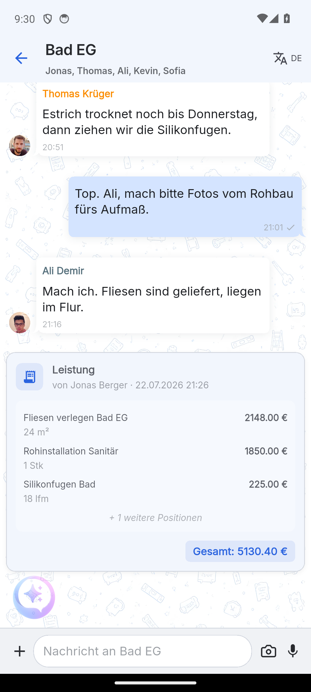 Skava-Projektchat mit eingebetteter Leistungskarte