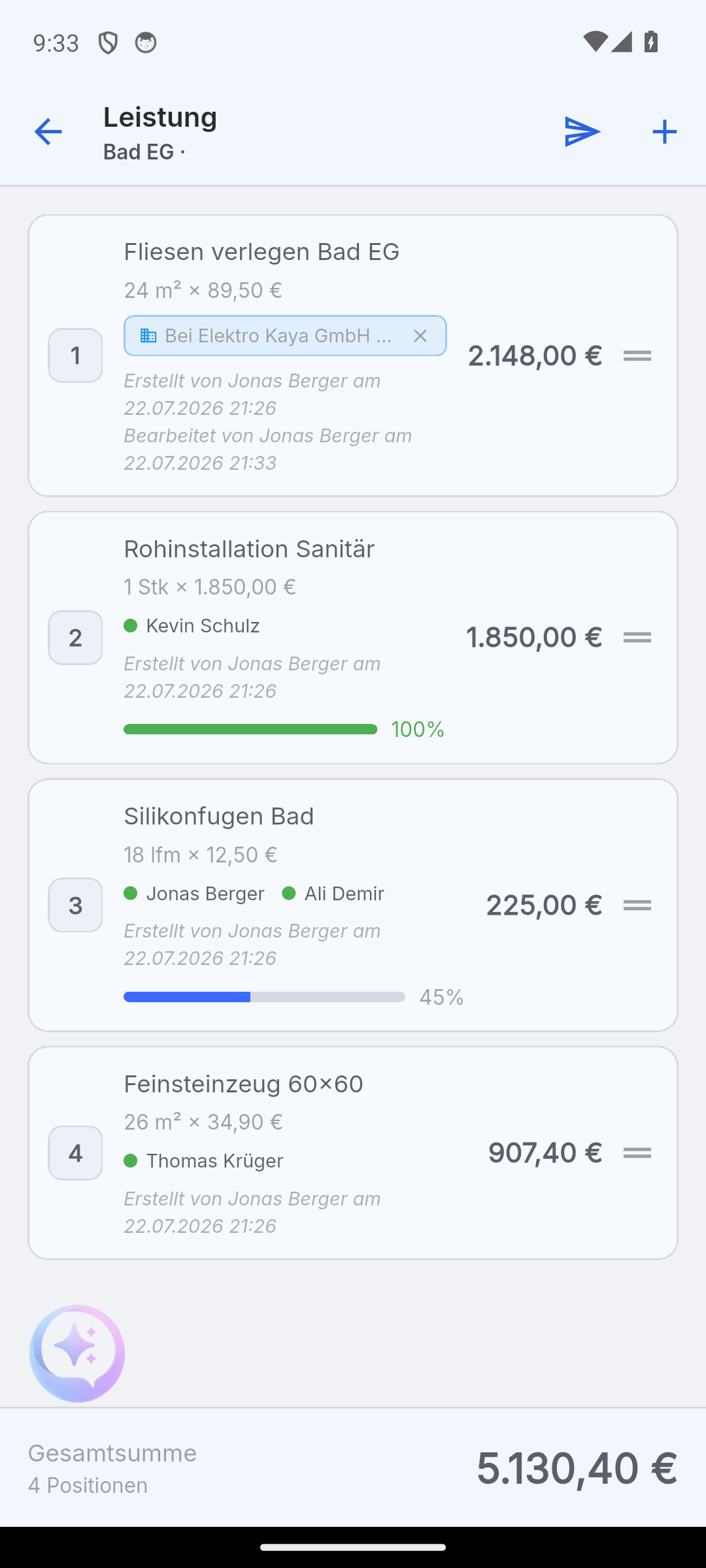 Aktuelle Skava-Leistungsliste für Malerarbeiten