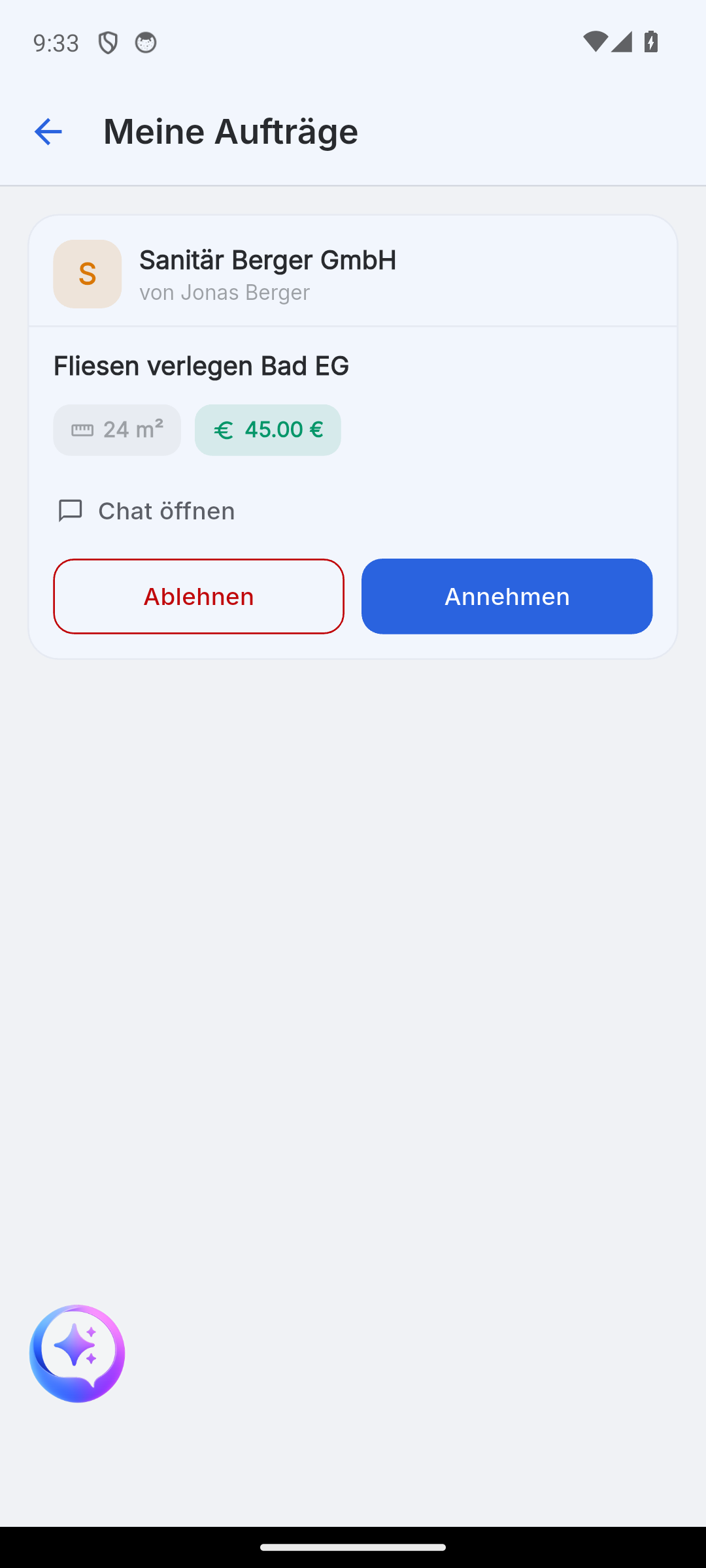 Aktuelle Skava-Übersicht eingehender SHK-Aufträge
