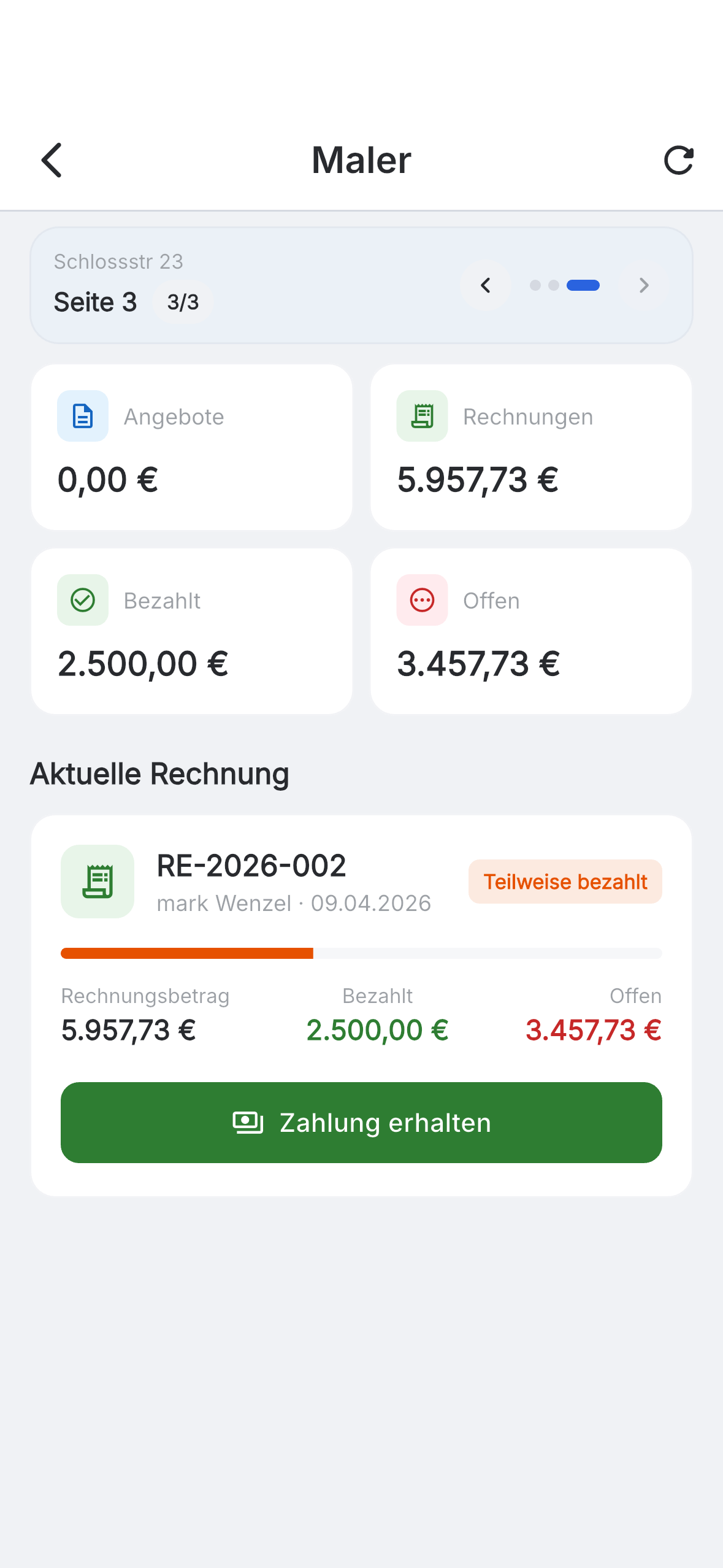 Aktueller Skava-Zahlungsstatus einer Malerrechnung