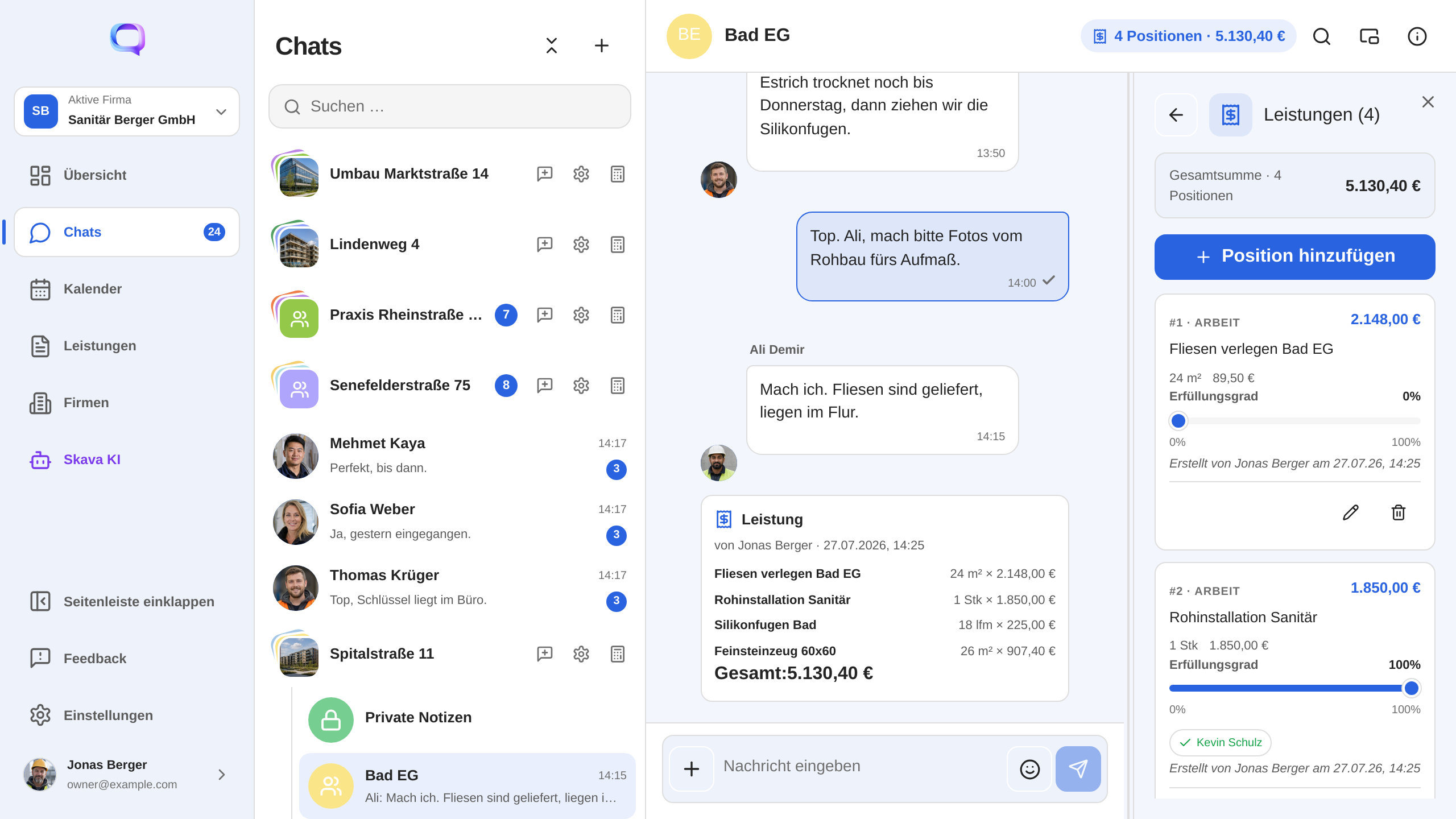 Aktuelle Skava Web-App mit Projektchat und bearbeitbaren Leistungspositionen