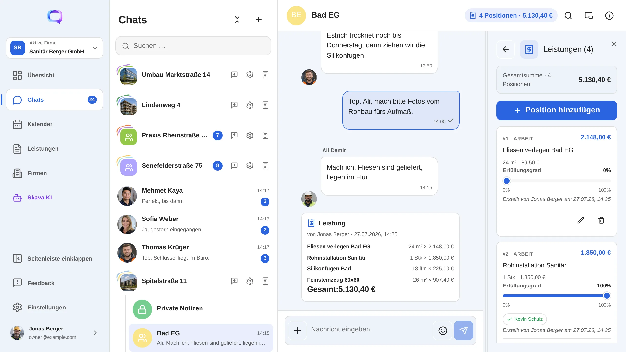 Aktuelle Skava Web-App mit Projektchat und bearbeitbaren Leistungspositionen