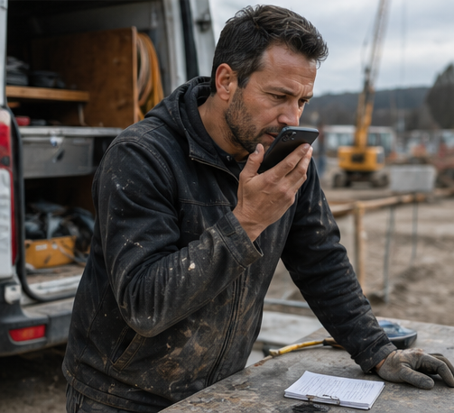 Bauleiter sendet eine Sprachnachricht von der Baustelle