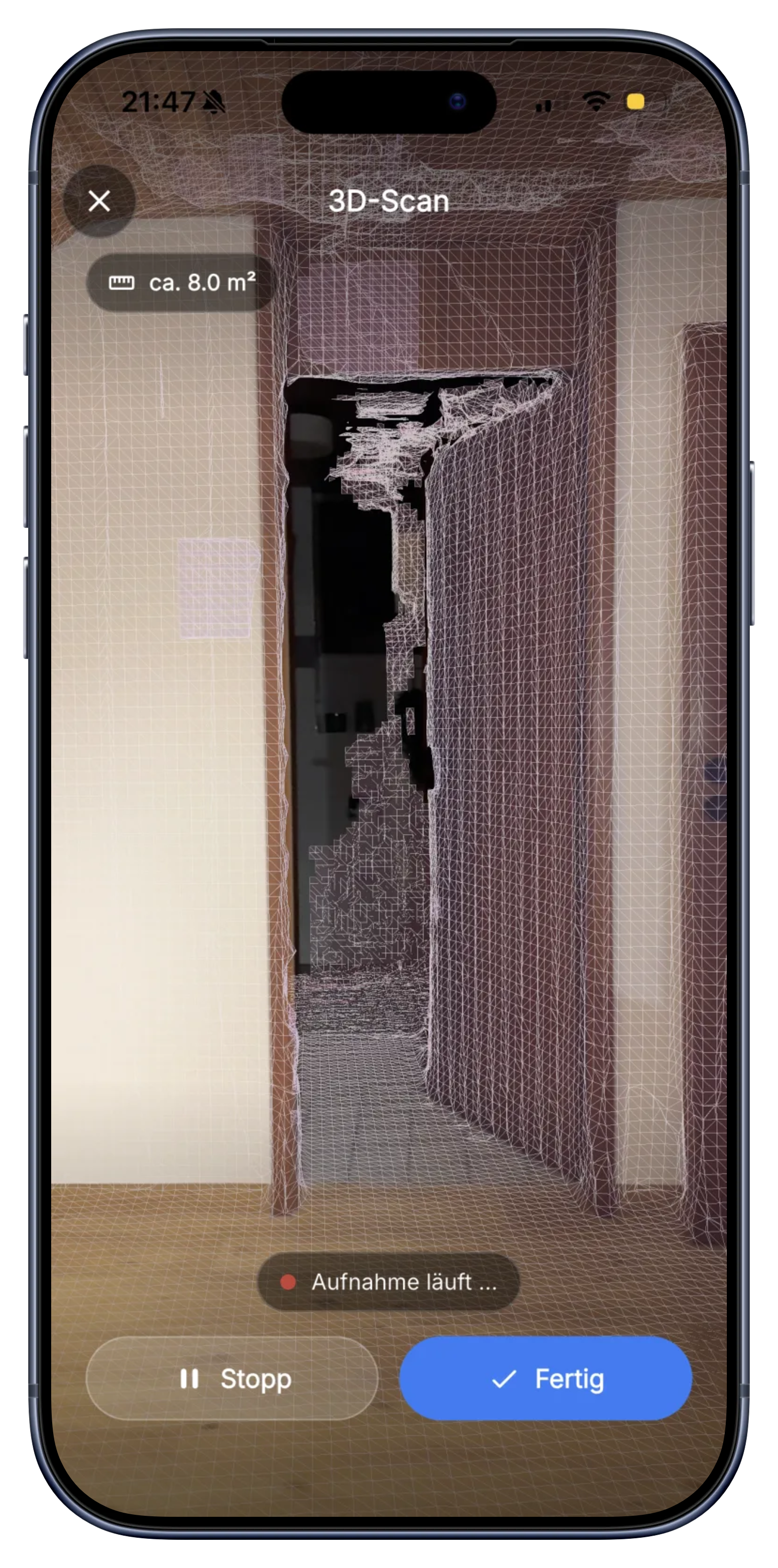 Live-Mesh und m2-Anzeige während eines Raumscans in Skava