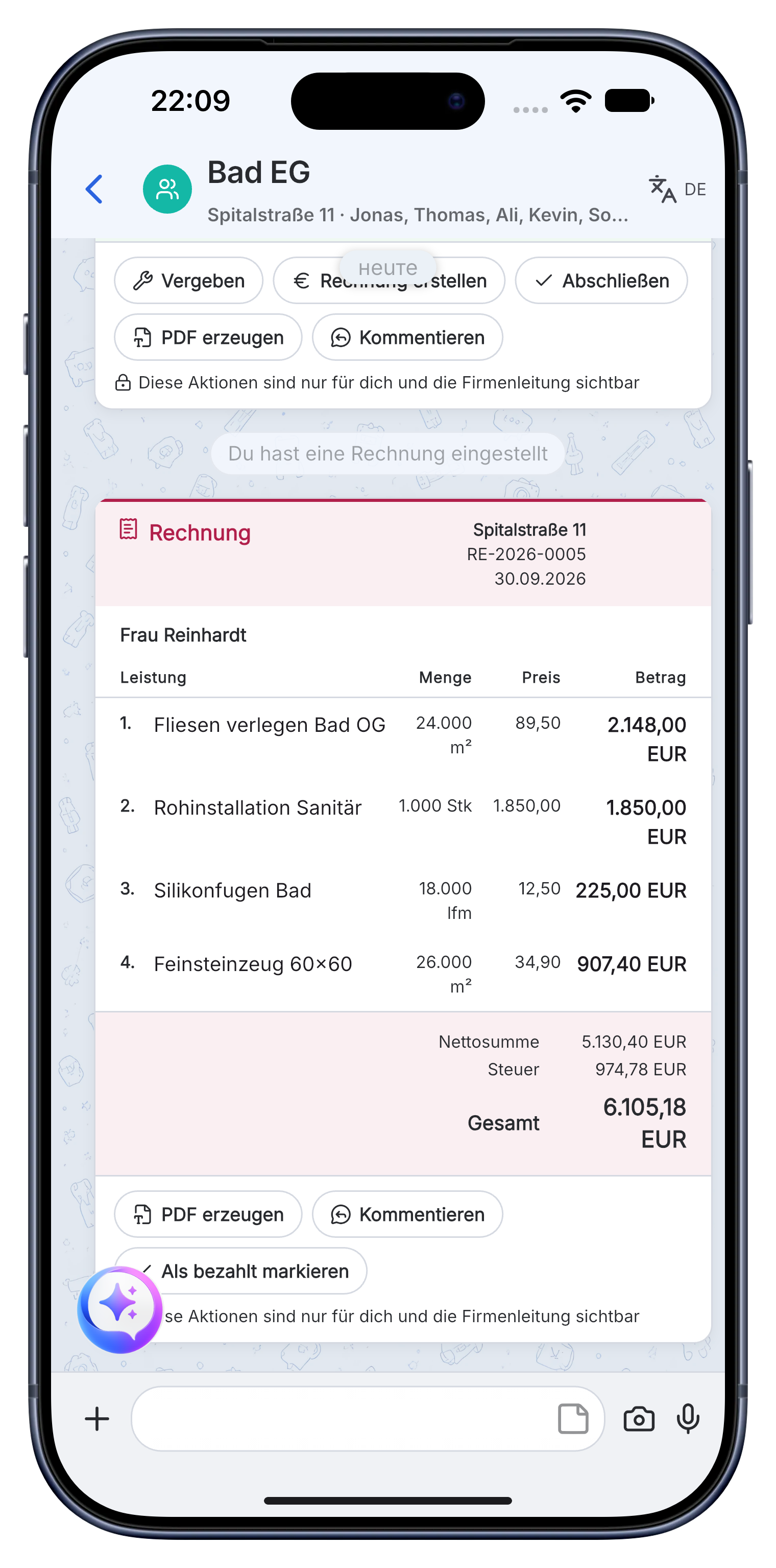 Aktuelle Skava-Rechnung aus einem Projektchat