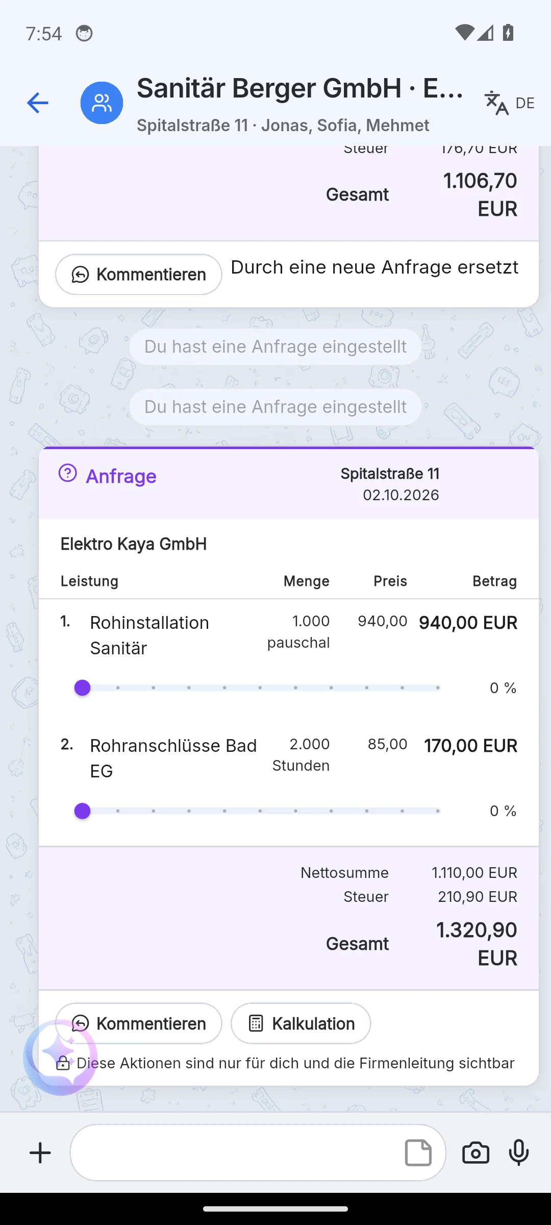 Skava Mobile-App: alte Anfrage als ersetzt markiert, darunter die neue Anfrage