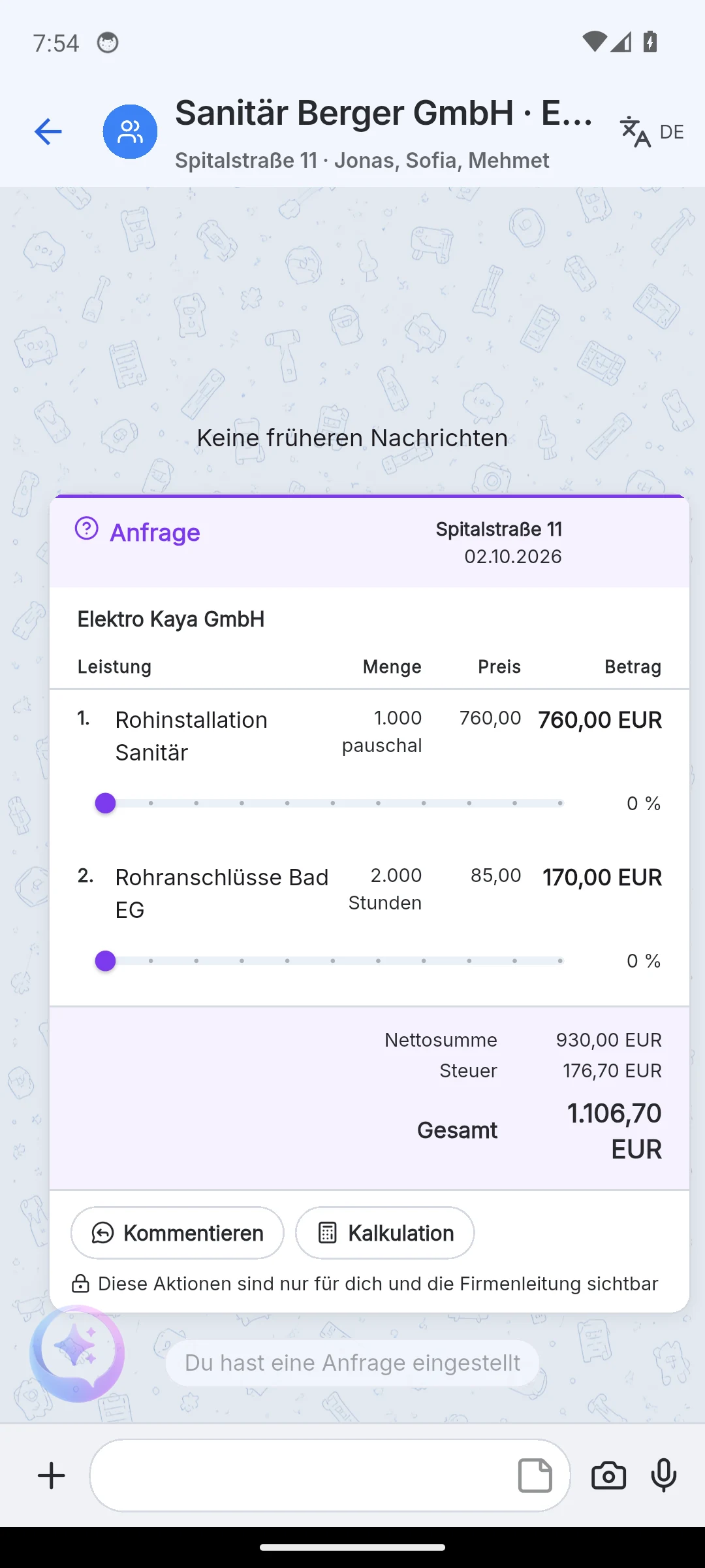 Skava Mobile-App: Anfrage an Elektro Kaya GmbH im Verhandlungs-Chat
