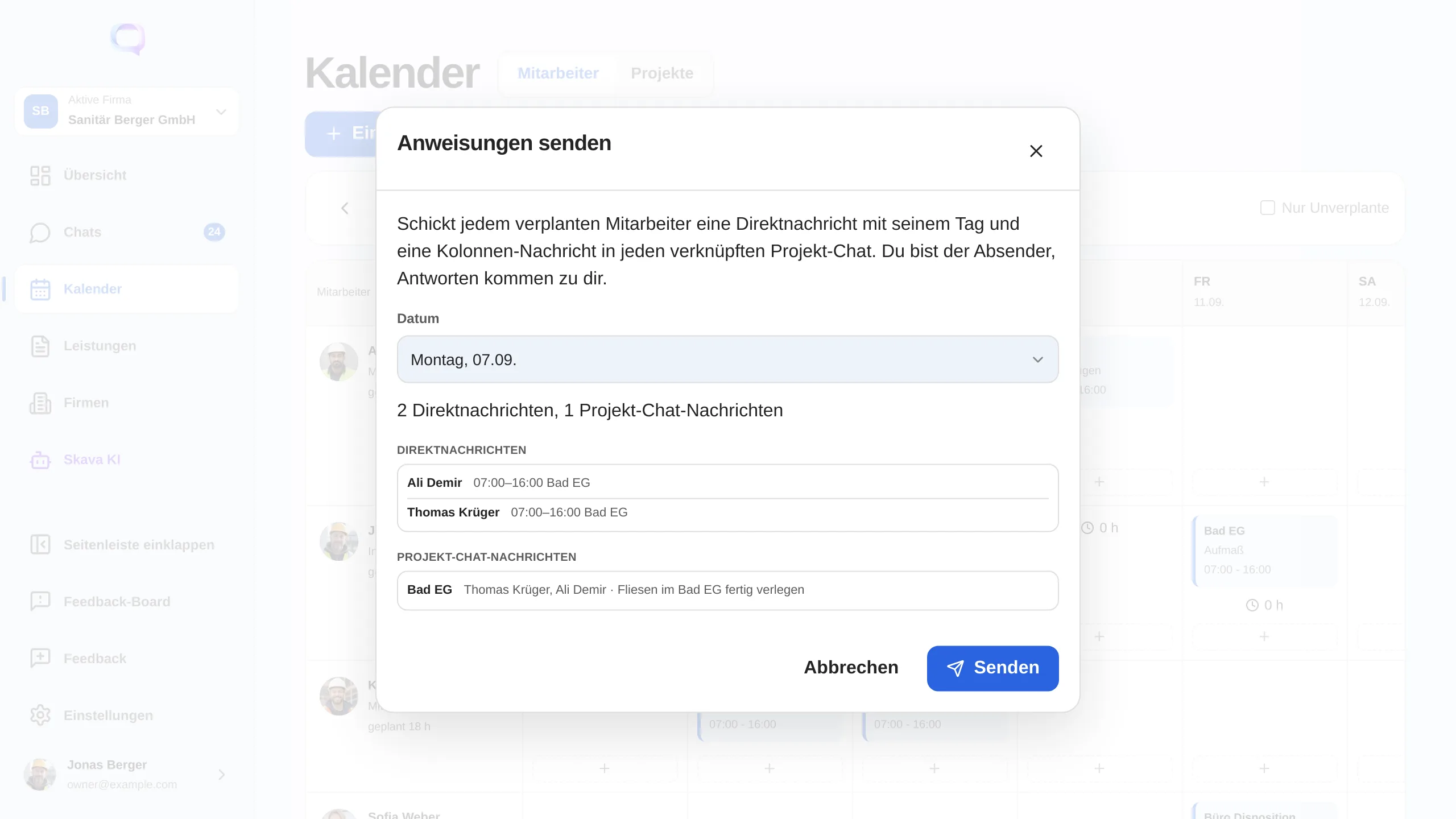 Skava Webapp: die Vorschau der Arbeitsanweisungen vor dem Senden, mit Kolonne, Zeiten, Geräten und Arbeitsbeschreibung