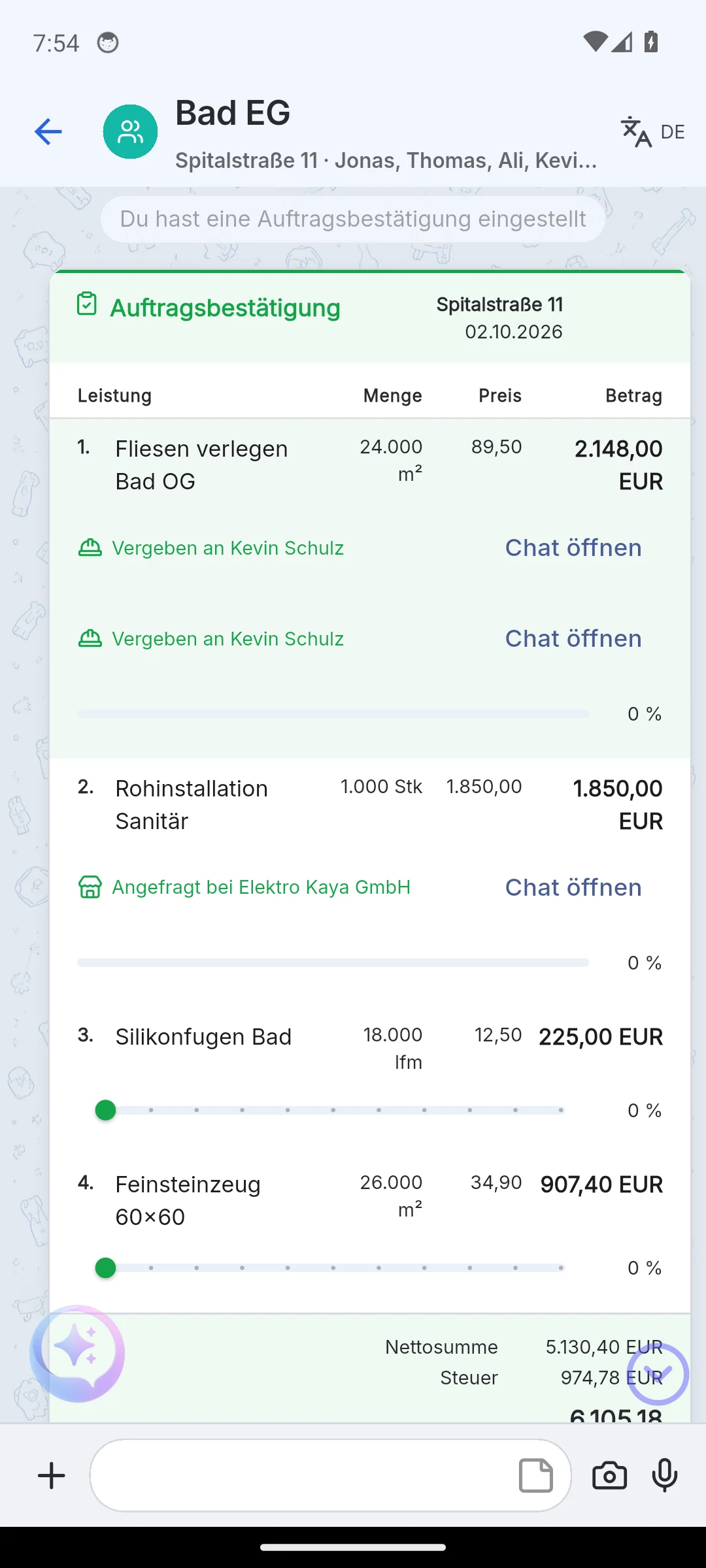 Skava Mobile-App: Auftragsbestätigung mit den Vermerken Vergeben an und Angefragt bei