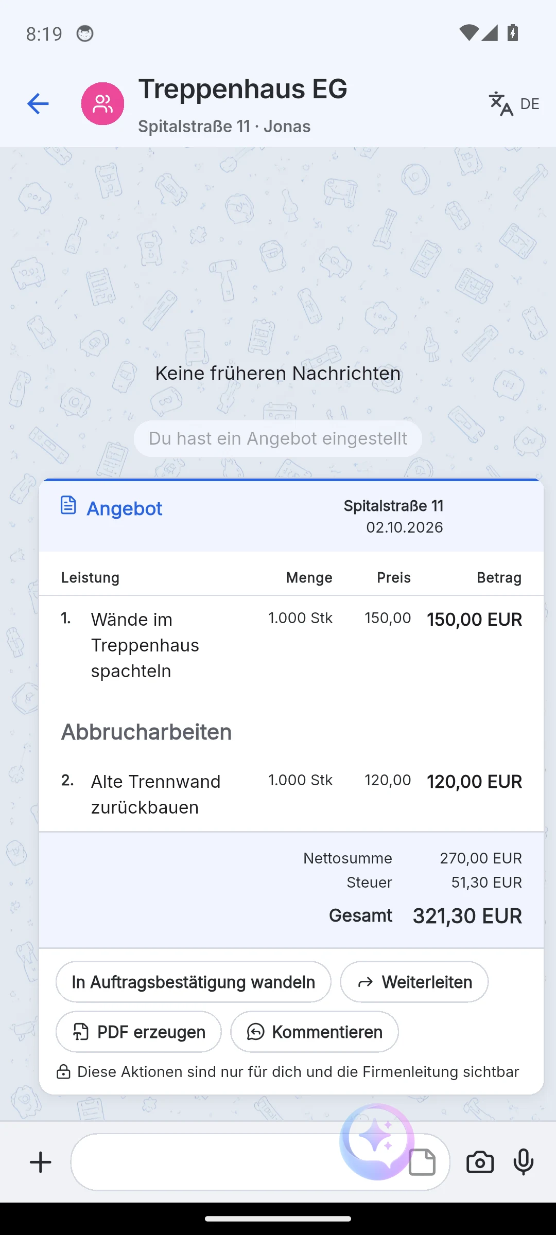 Skava Mobile-App: Angebot mit Überschrift Abbrucharbeiten über einer Position