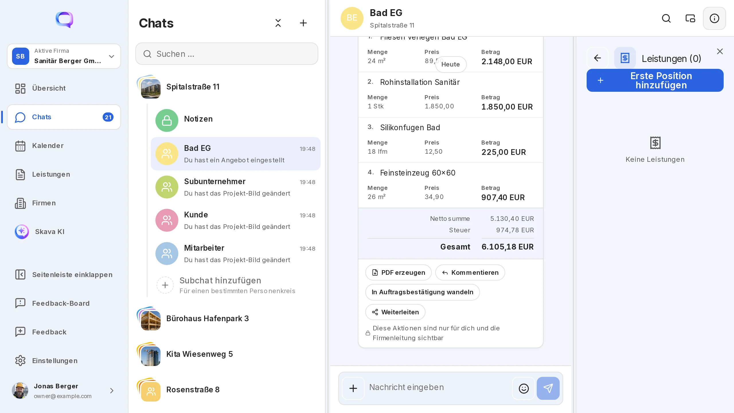 App web Skava: preventivo nella chat Bad EG con la barra laterale dei servizi