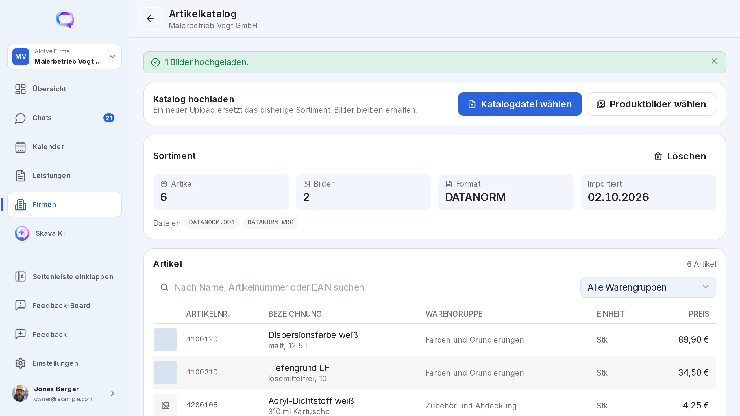 App web Skava: catalogo articoli aziendale con importazione DATANORM