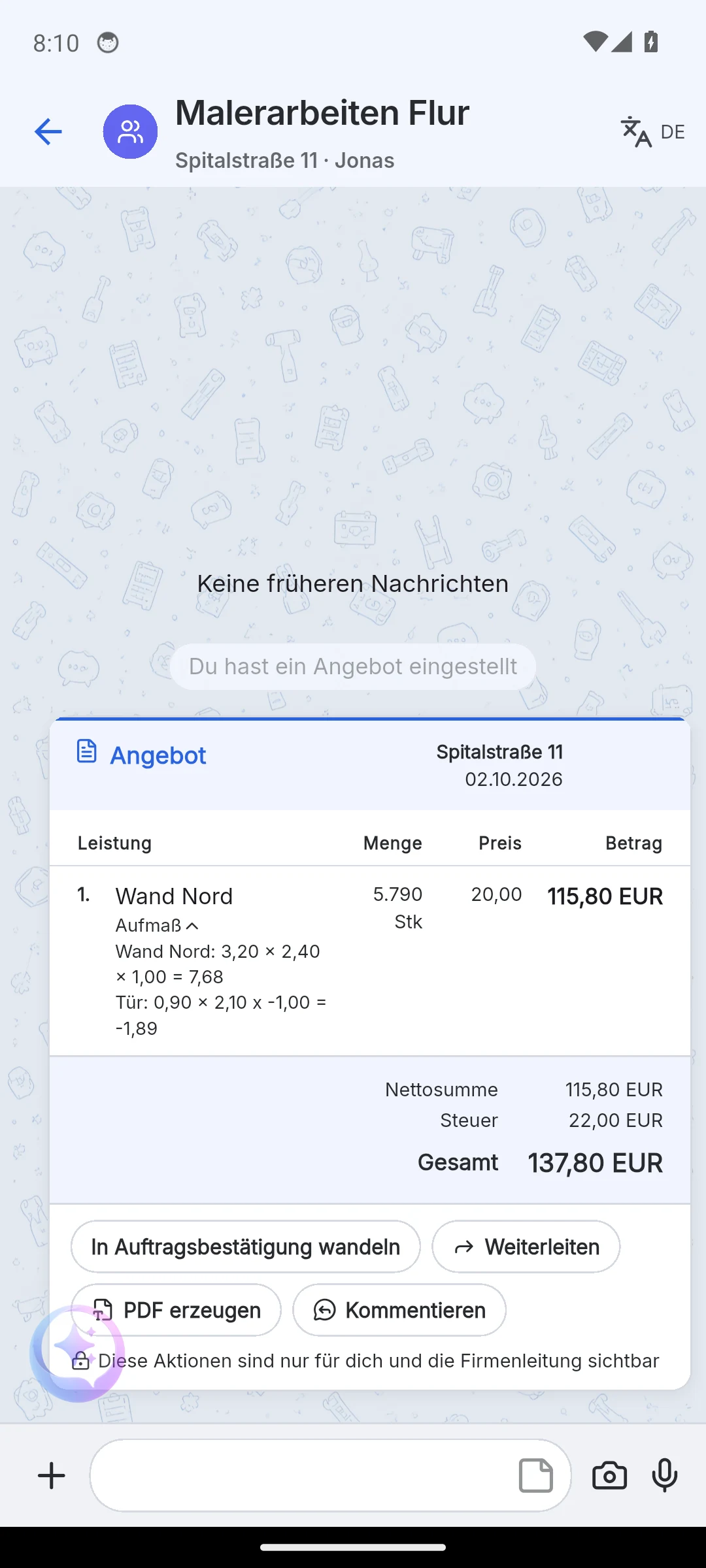 Skava Mobile-App: Angebot mit Aufmaß-Zeilen unter der Position Wand Nord