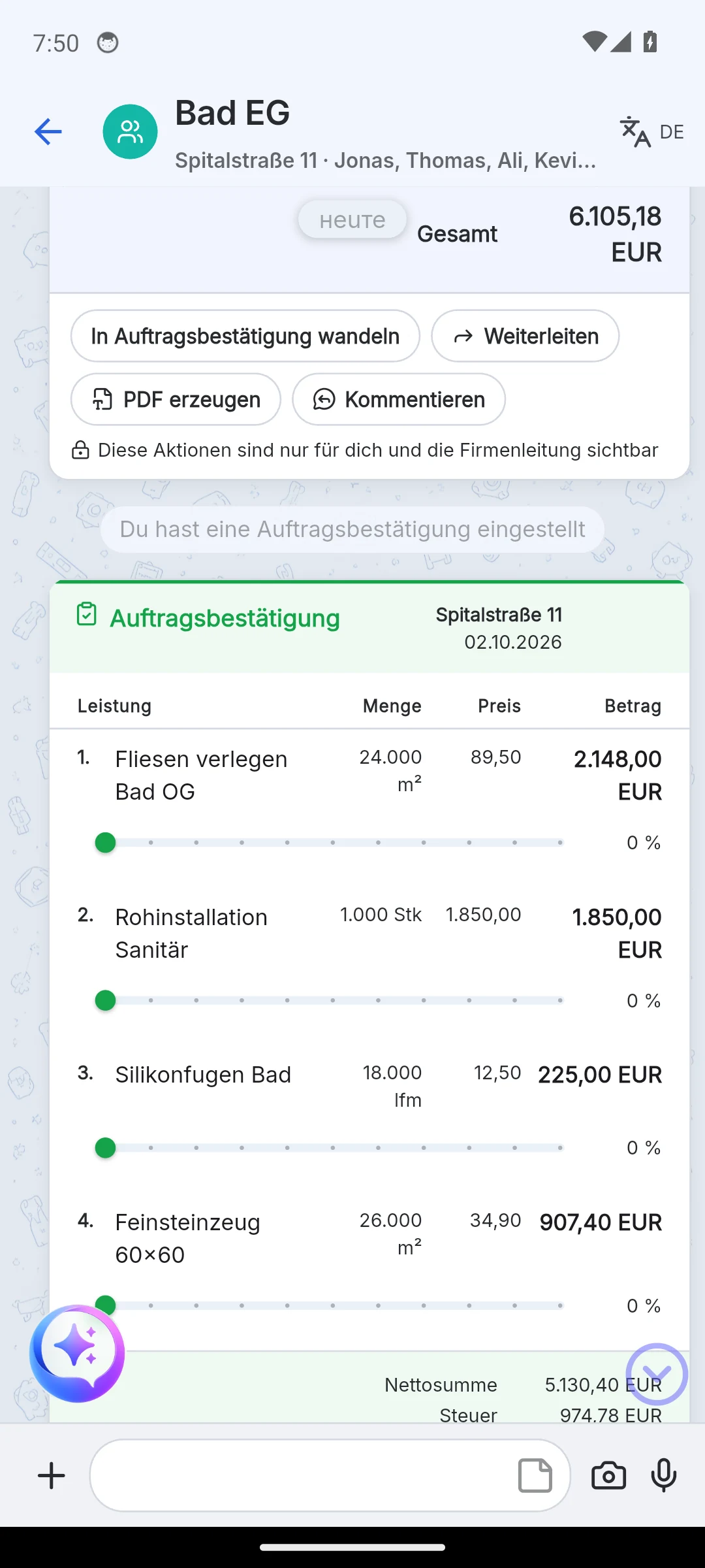 Skava Mobile-App: Auftragsbestätigung im Chat mit Fortschrittsbalken je Position