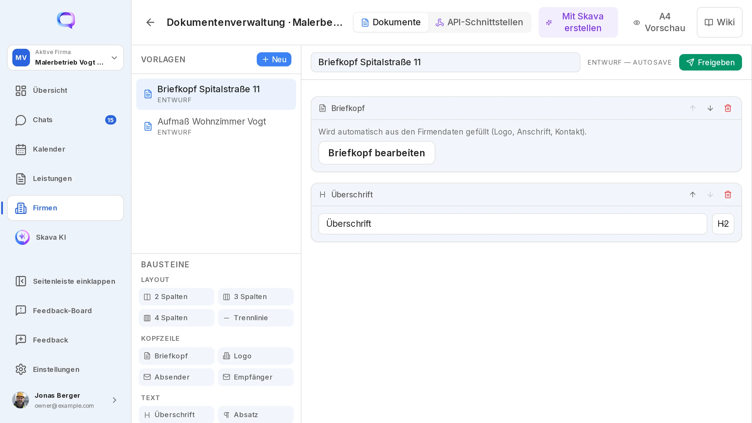 App web Skava: modifica dell'intestazione nella gestione documenti