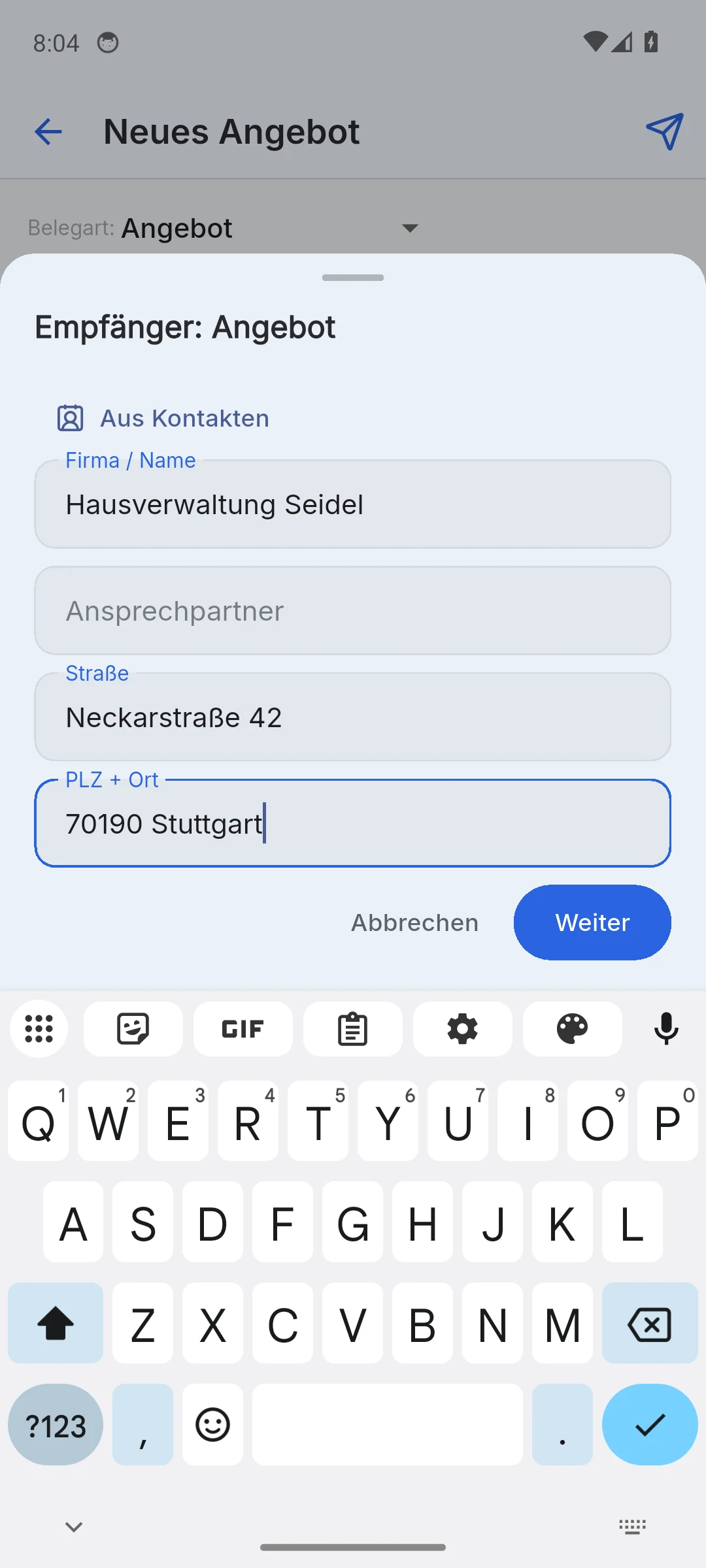 Skava Mobile-App: Empfänger eines Angebots mit Firma, Straße und Ort