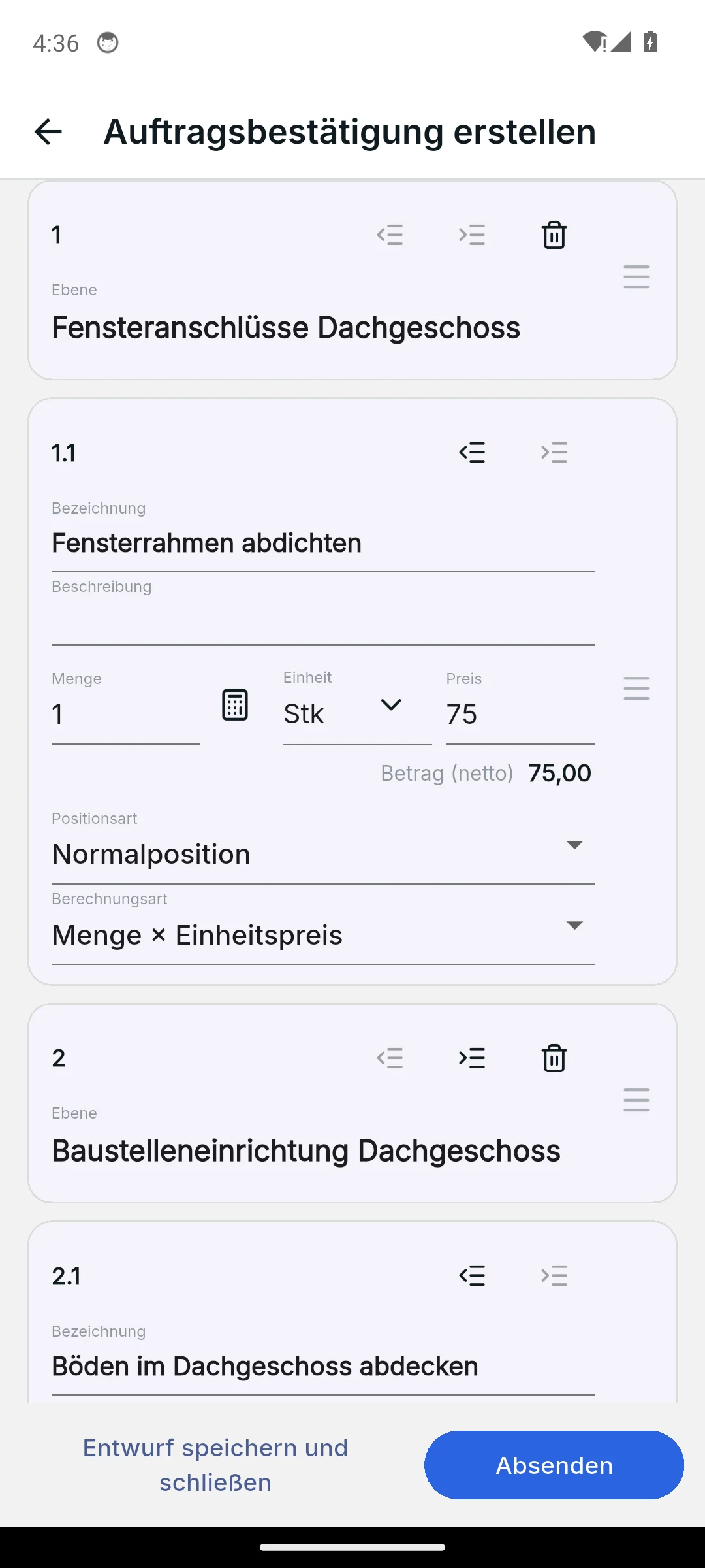 Skava Mobile-App: Belegmaske mit Gliederung