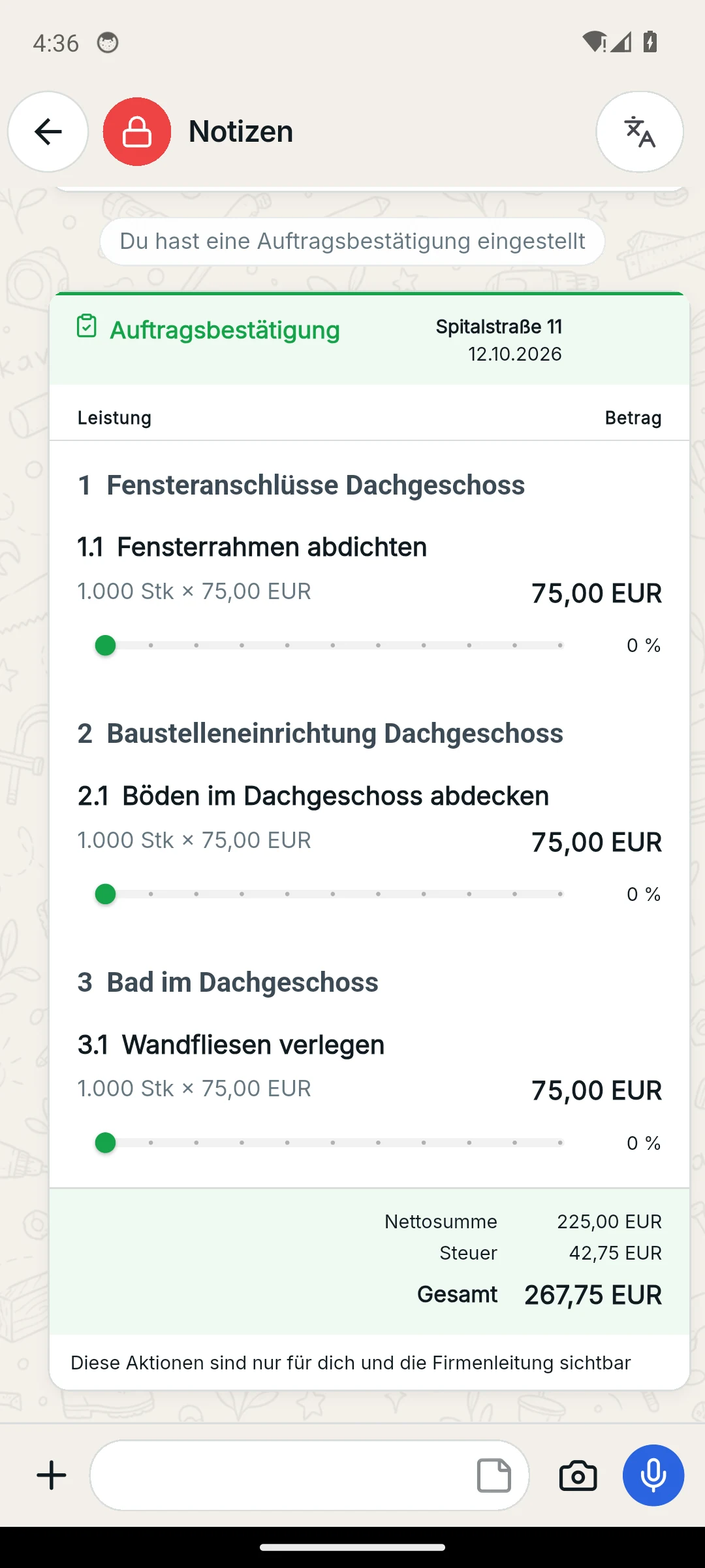 Skava Mobile-App: Auftragsbestätigung mit gegliederten Positionen