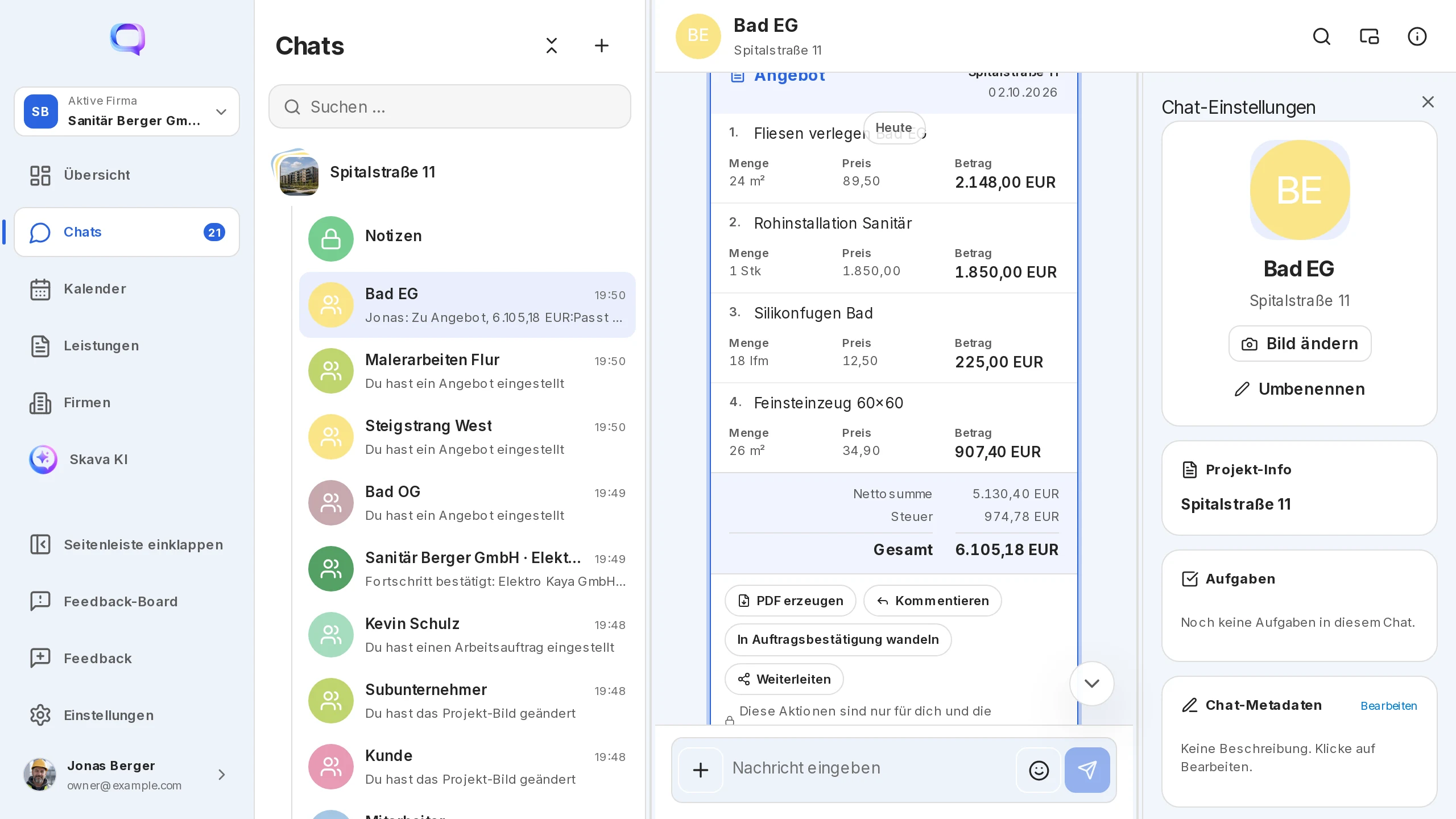 App web Skava: commenta un preventivo come messaggio con riferimento