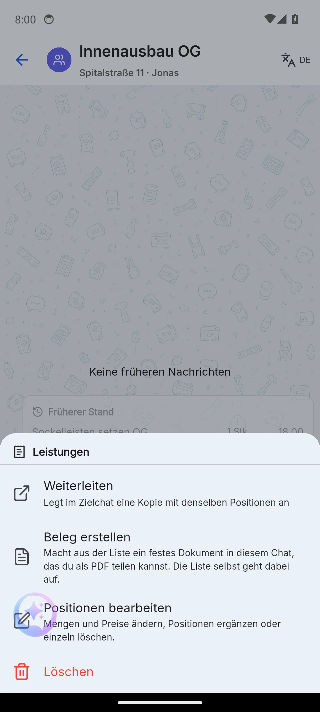 Skava Mobile-App: Aktionsblatt einer Leistungsliste mit Weiterleiten, Beleg erstellen und Positionen bearbeiten