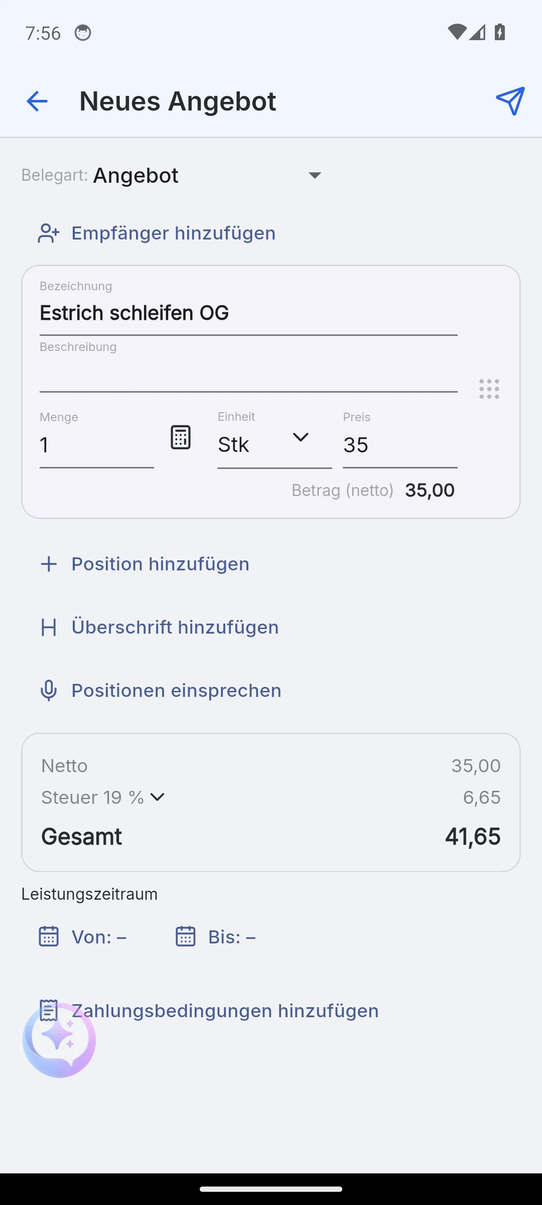 Skava Mobile-App: Belegmaske Neues Angebot mit Position, Netto, Steuer und Gesamt