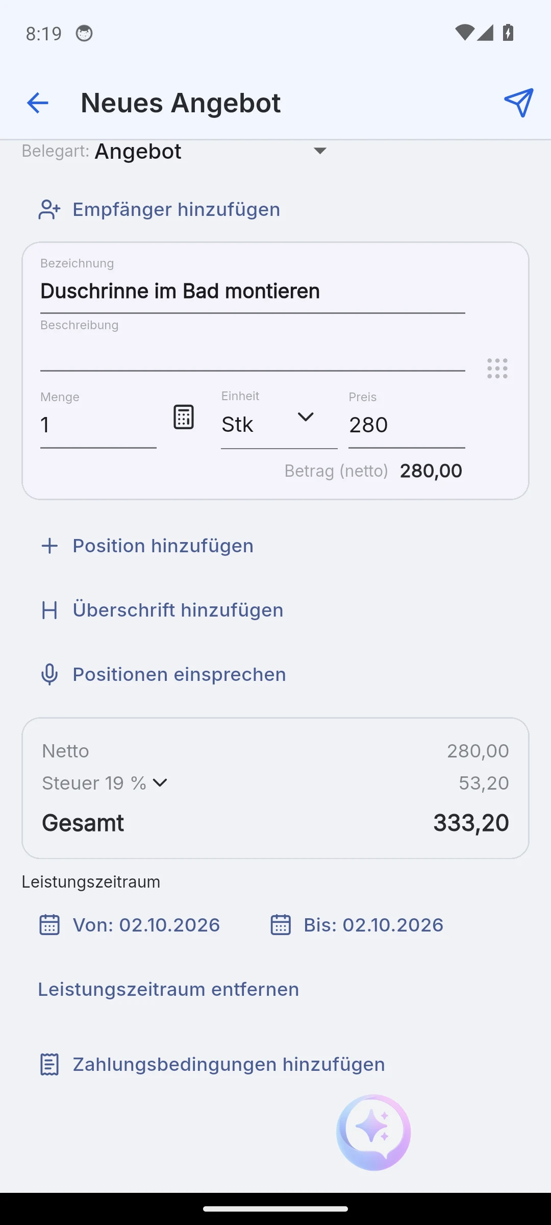 Skava Mobile-App: Belegmaske mit gesetztem Leistungszeitraum