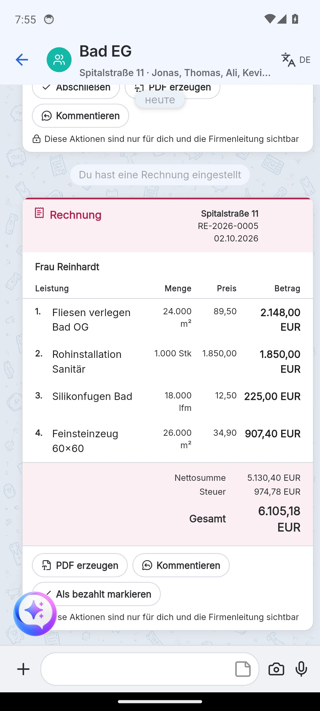 Skava Mobile-App: Rechnungskachel im Chat mit Rechnungsnummer und Als bezahlt markieren