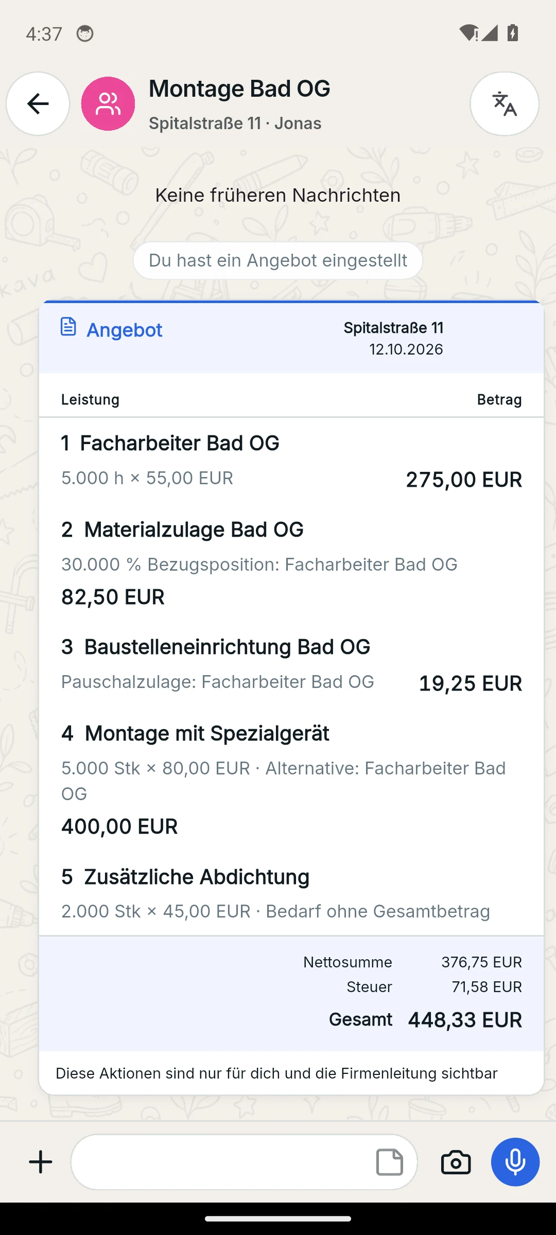 Skava Mobile-App: Angebot mit Alternative, Bedarfsposition und Zulage