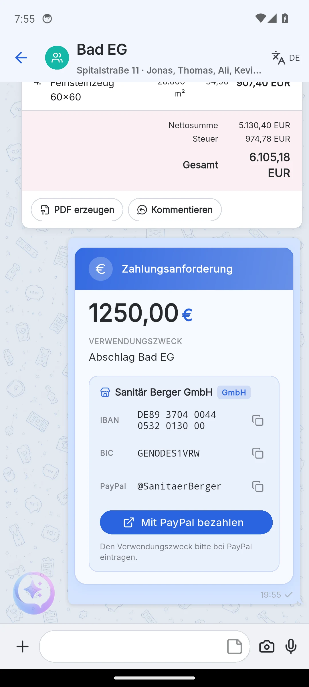 Skava Mobile-App: Zahlungsanforderung mit Betrag, IBAN und PayPal-Knopf