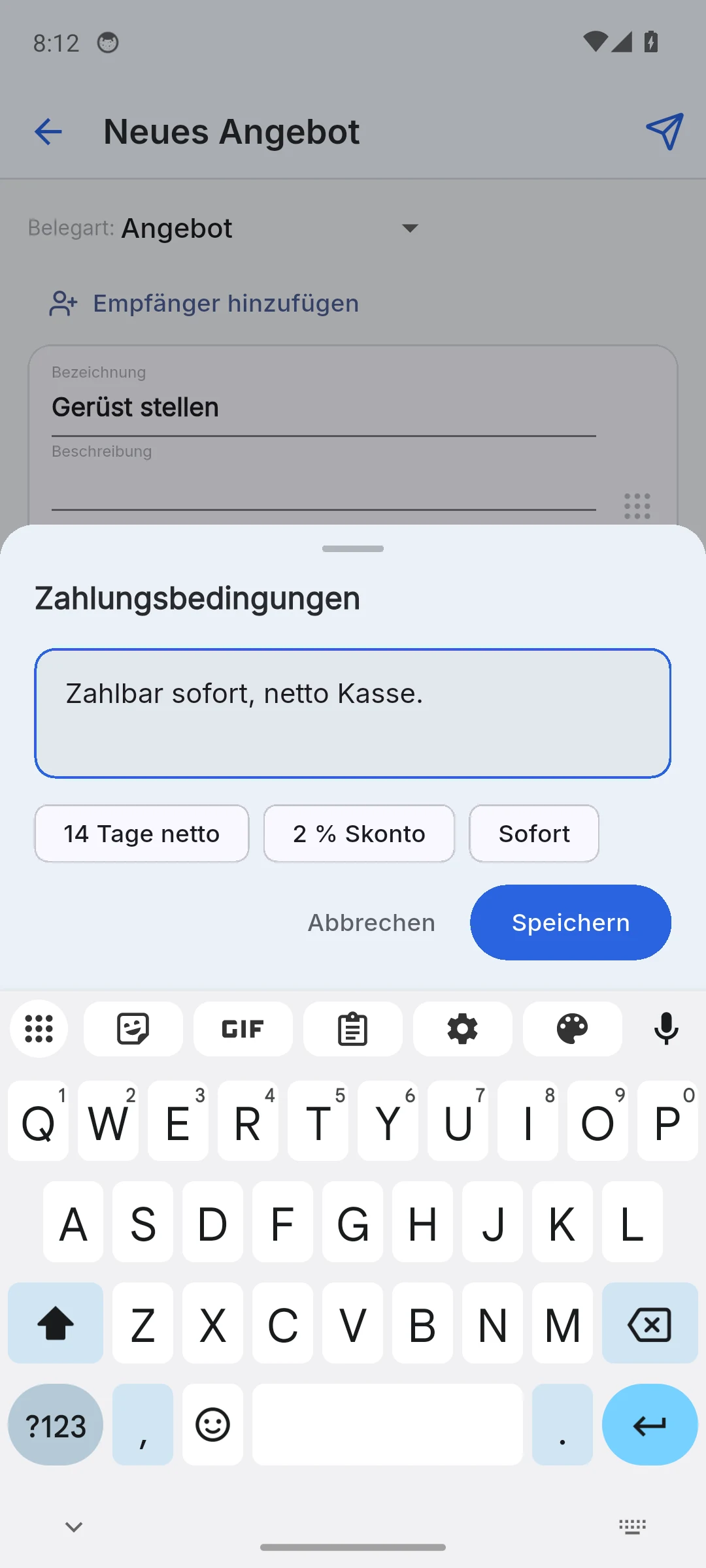Skava Mobile-App: Zahlungsbedingungen mit Vorschlägen 14 Tage netto, 2 % Skonto und Sofort
