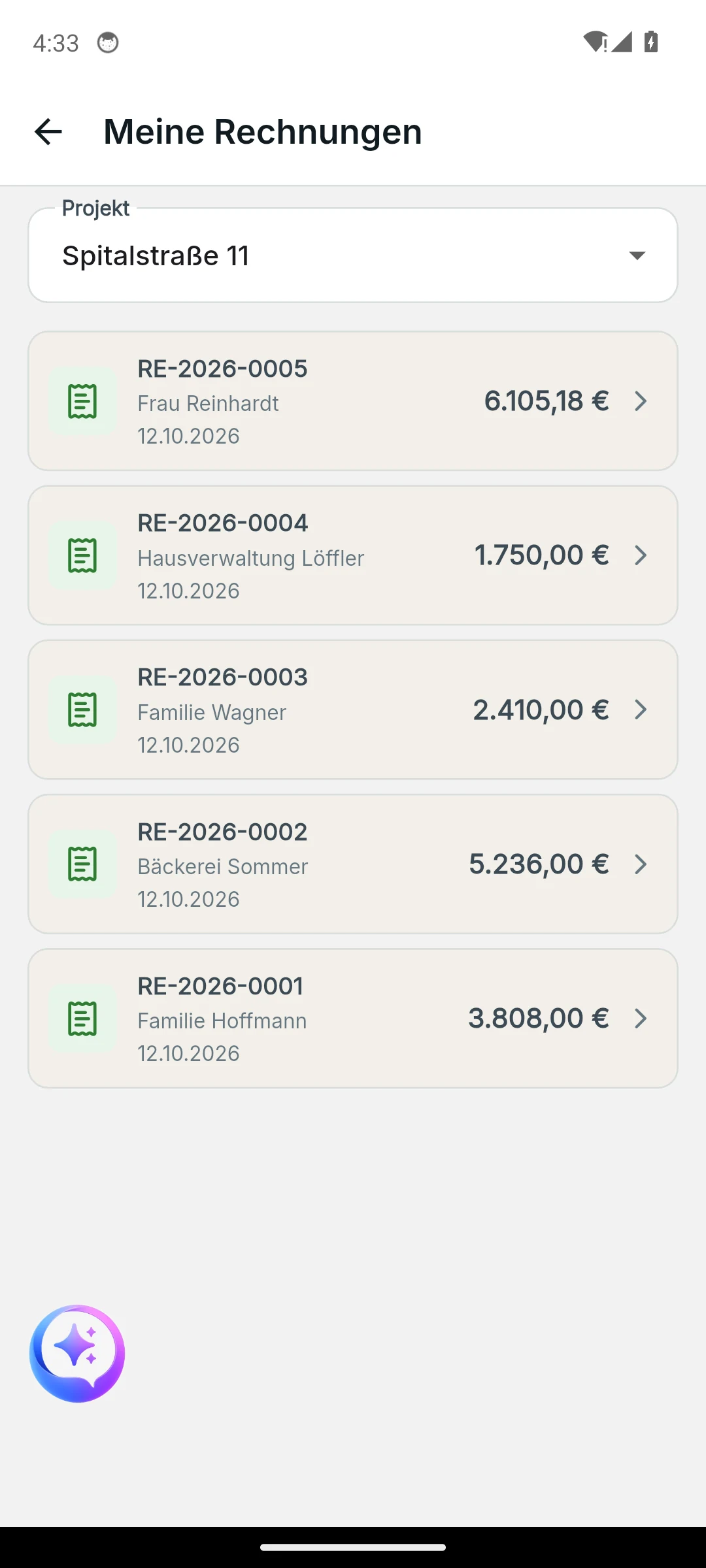 Skava Mobile-App: Meine Rechnungen mit Projektfilter