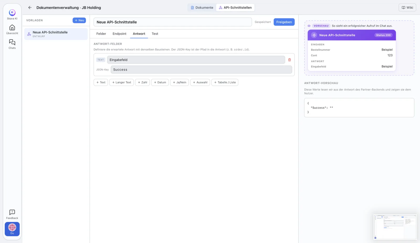 Skava-Webapp: Reiter Vorschau einer API-Schnittstelle. Ein Antwort-Feld mit JSON-Key Success ist angelegt, rechts die Vorschau, wie das Ergebnis später im Chat aussieht.