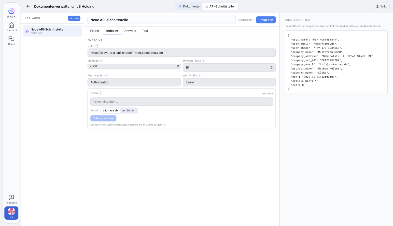 Skava-Webapp: Reiter Endpoint einer API-Schnittstelle mit Feldern für URL, Methode POST, Timeout, Auth-Header, Wert-Präfix Bearer und der Eingabe für den verschlüsselten Token.
