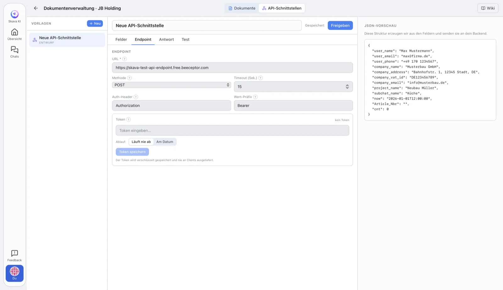 Skava-Webapp: Reiter Endpoint einer API-Schnittstelle mit Feldern für URL, Methode POST, Timeout, Auth-Header, Wert-Präfix Bearer und der Eingabe für den verschlüsselten Token.