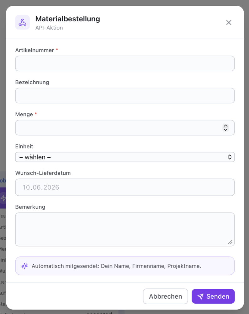 Skava-Webapp: ausfüllbares Formular der API-Aktion Materialbestellung mit den Feldern Artikelnummer, Bezeichnung, Menge, Einheit, Wunsch-Lieferdatum und Bemerkung sowie dem Hinweis auf automatisch mitgesendete Werte.