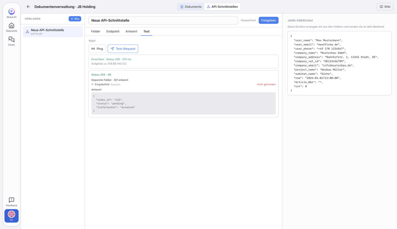 Skava-Webapp: Reiter Test einer API-Schnittstelle mit den Buttons Ping und Test-Request, dem Ergebnis Status 200 OK, der Antwortzeit und der vollständigen JSON-Antwort des Backends.