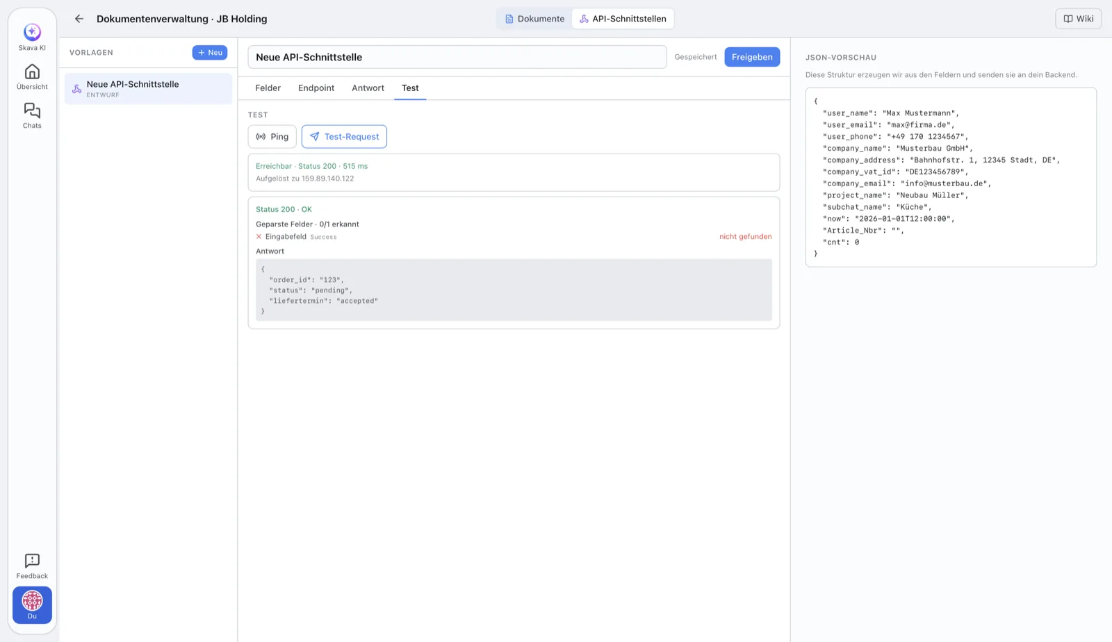 Skava-Webapp: Reiter Test einer API-Schnittstelle mit den Buttons Ping und Test-Request, dem Ergebnis Status 200 OK, der Antwortzeit und der vollständigen JSON-Antwort des Backends.