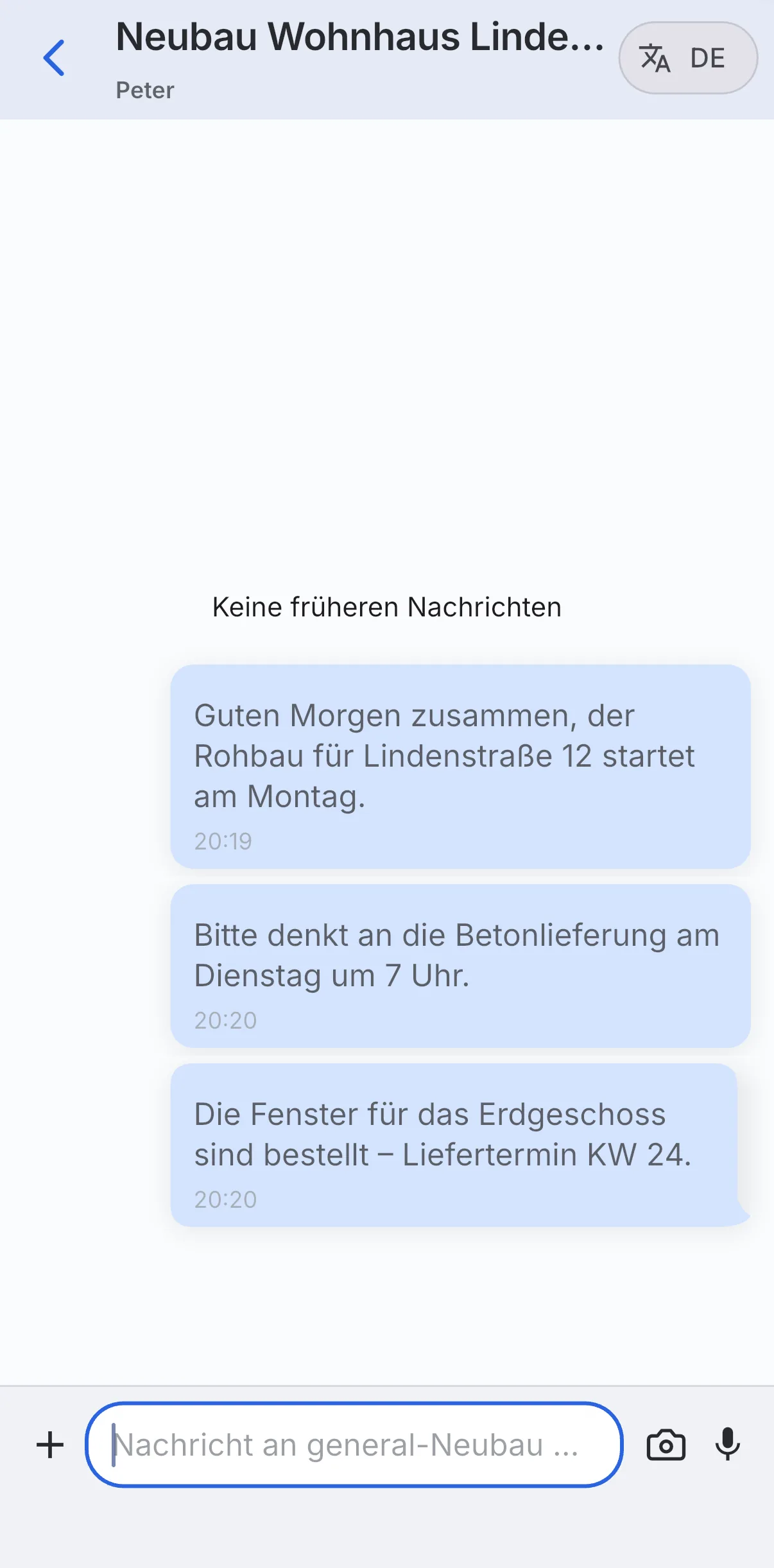 Skava: Chatverlauf im Subchat Allgemein mit drei gesendeten Nachrichten und der Eingabezeile unten