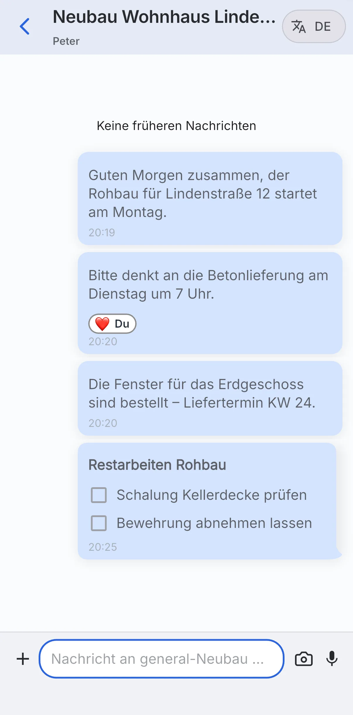 Skava: eine fertige Todo-Liste Restarbeiten Rohbau als Element im Chatverlauf mit abhakbaren Aufgaben