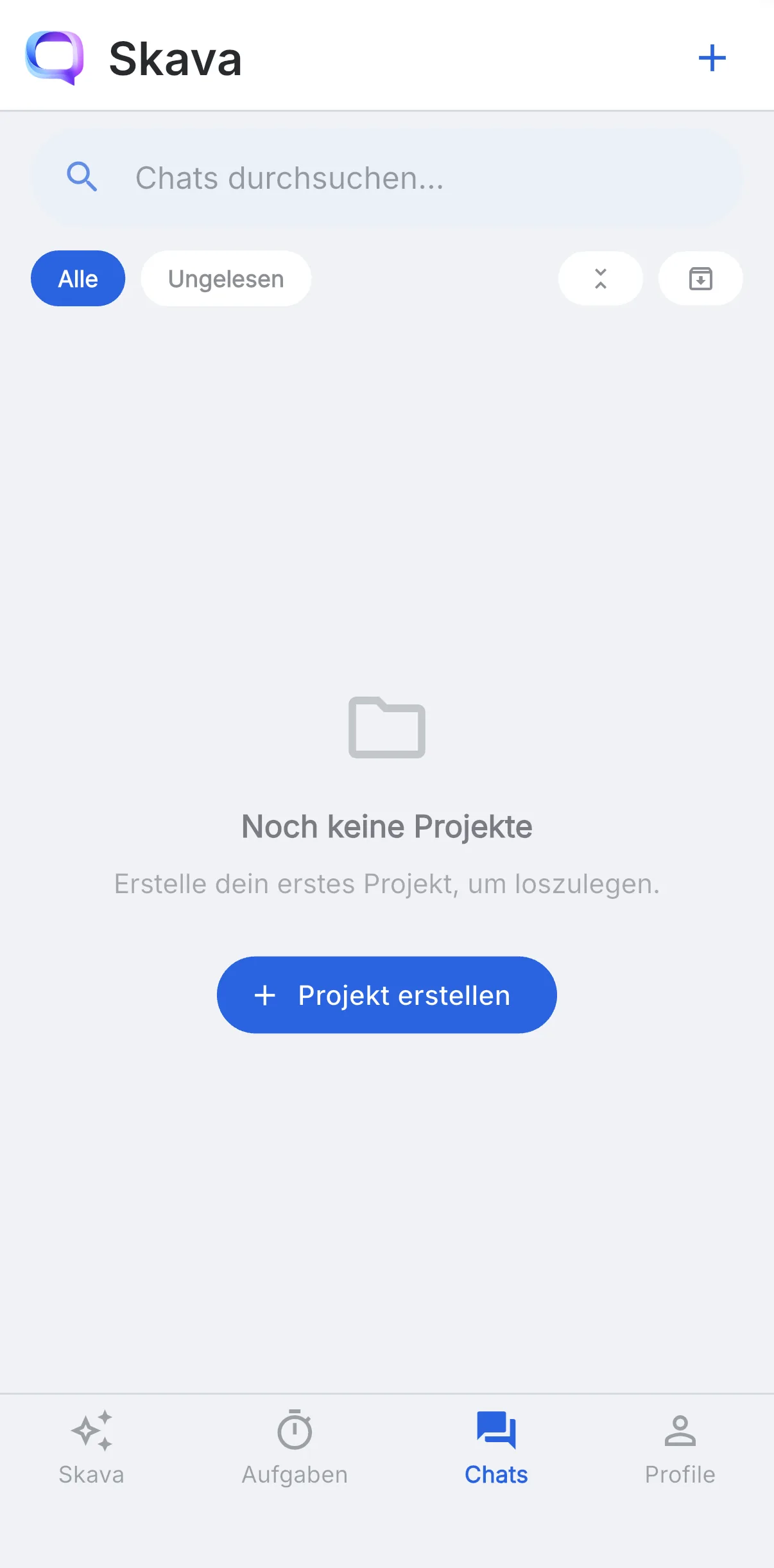 Skava: leerer Chats-Tab mit Suchfeld, den Filtern Alle und Ungelesen sowie dem Button Projekt erstellen