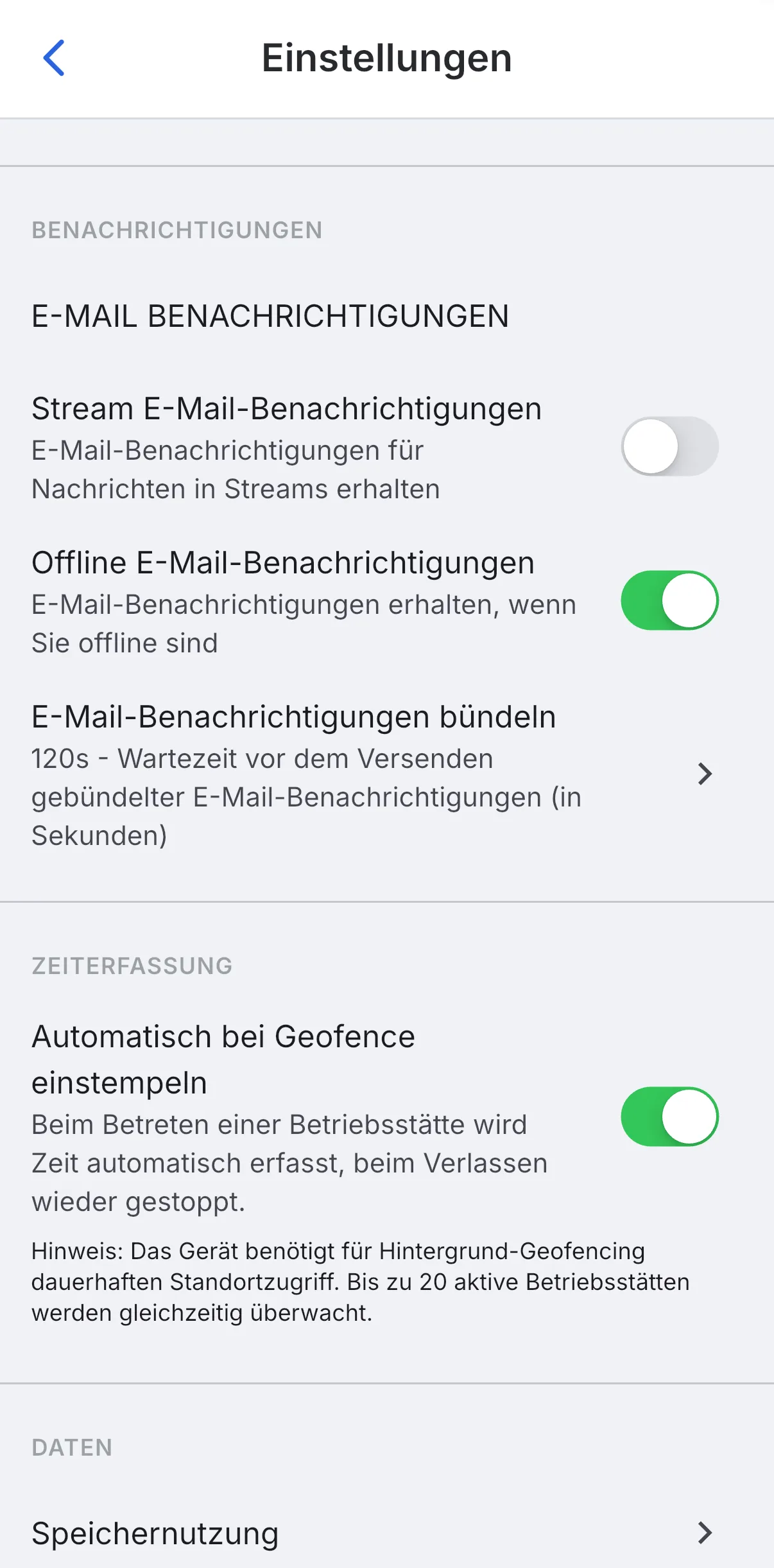 Skava: Einstellungen mit E-Mail-Benachrichtigungen und der Zeiterfassung mit automatischem Einstempeln per Geofence