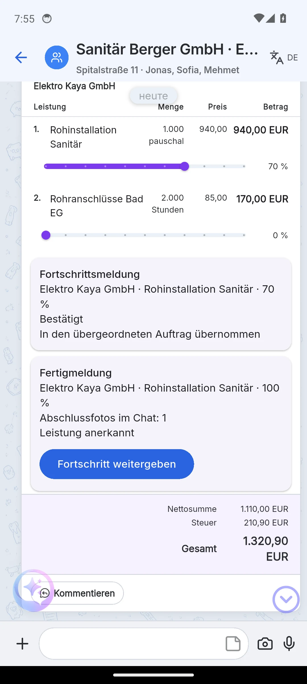 Skava Mobile-App: Fertigmeldung mit Abschlussfoto und Leistung anerkannt
