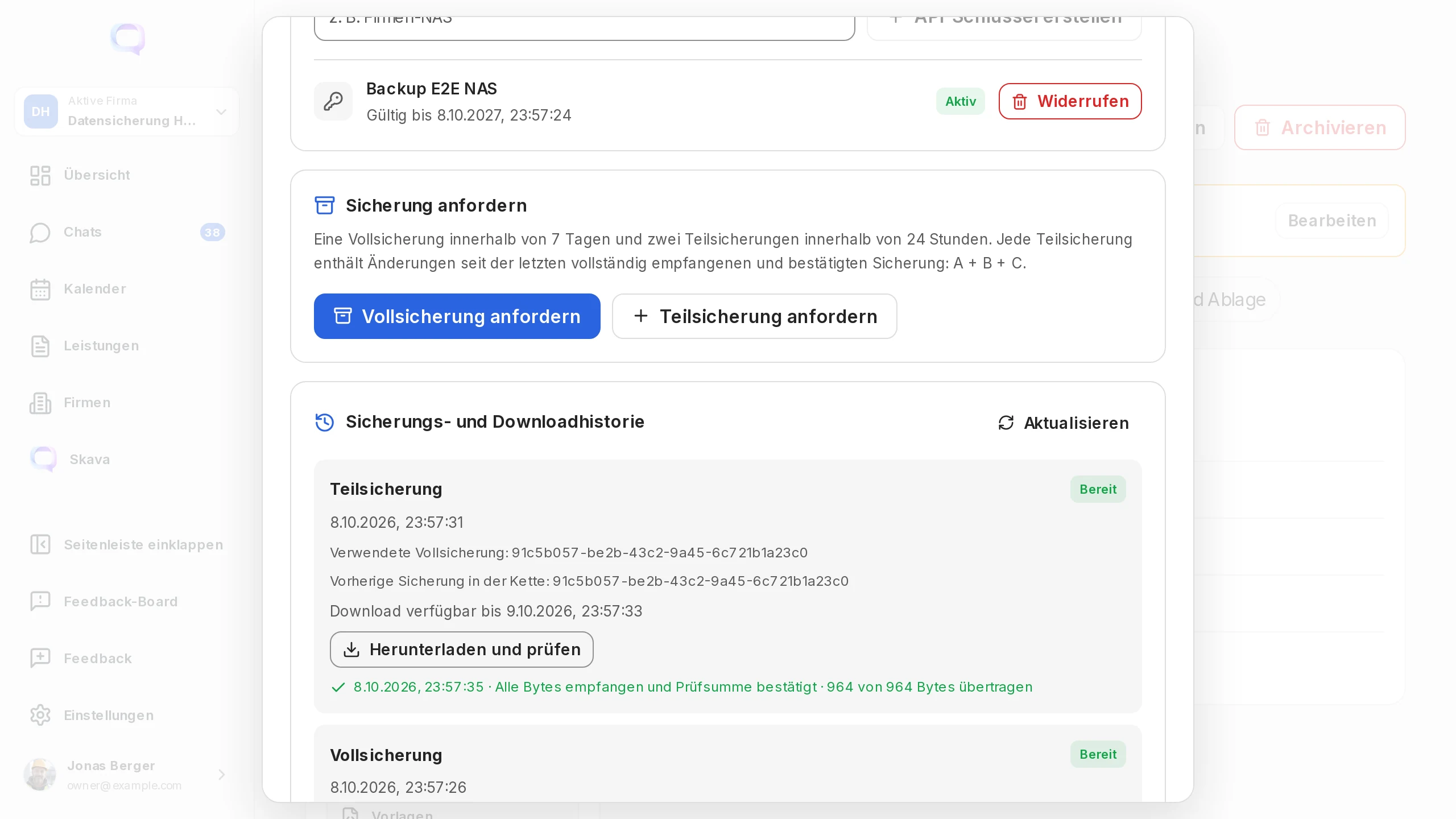 Webapp: inkrementel backup med forgænger, udløb for download og bekræftet checksum