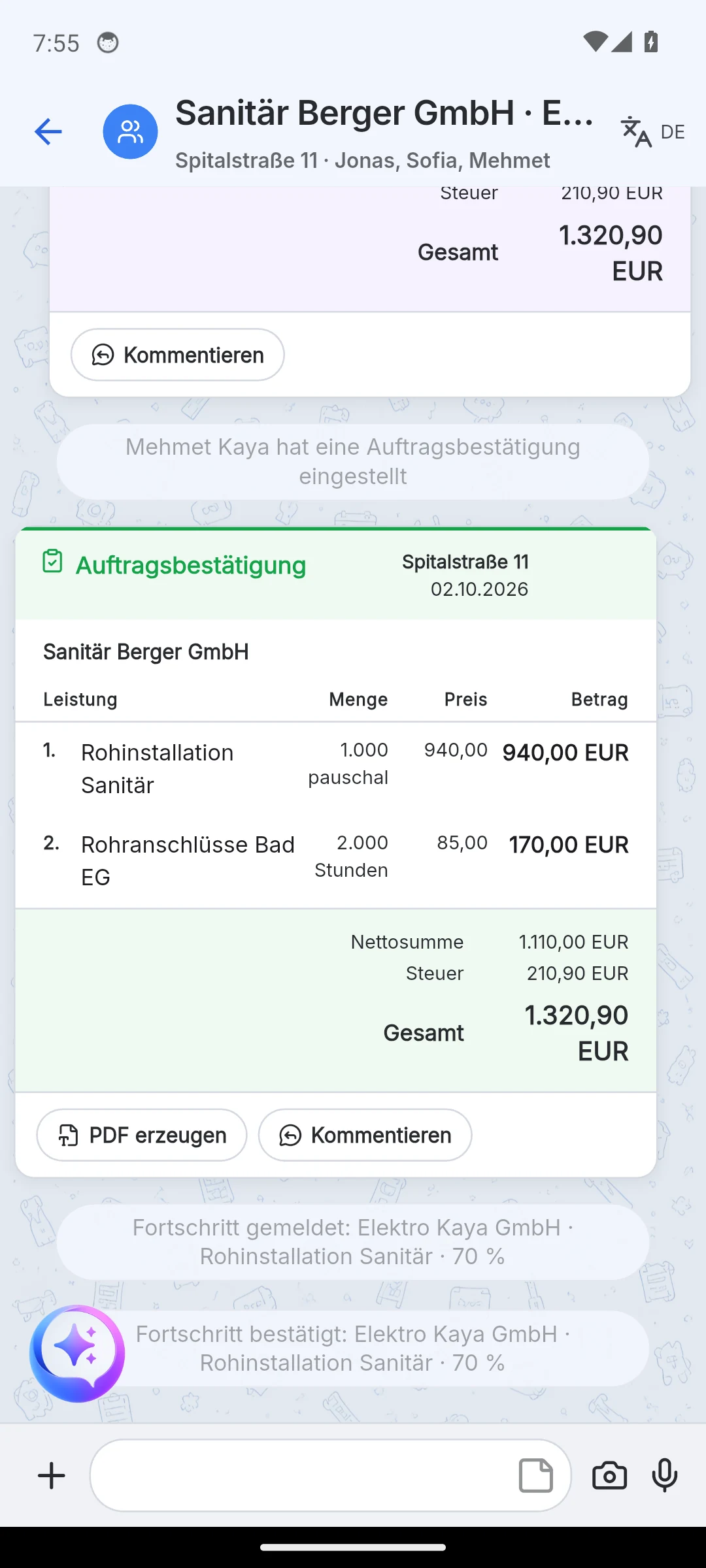 Skava Mobile-App: Fortschrittsmeldung des Partners bestätigt und weitergegeben