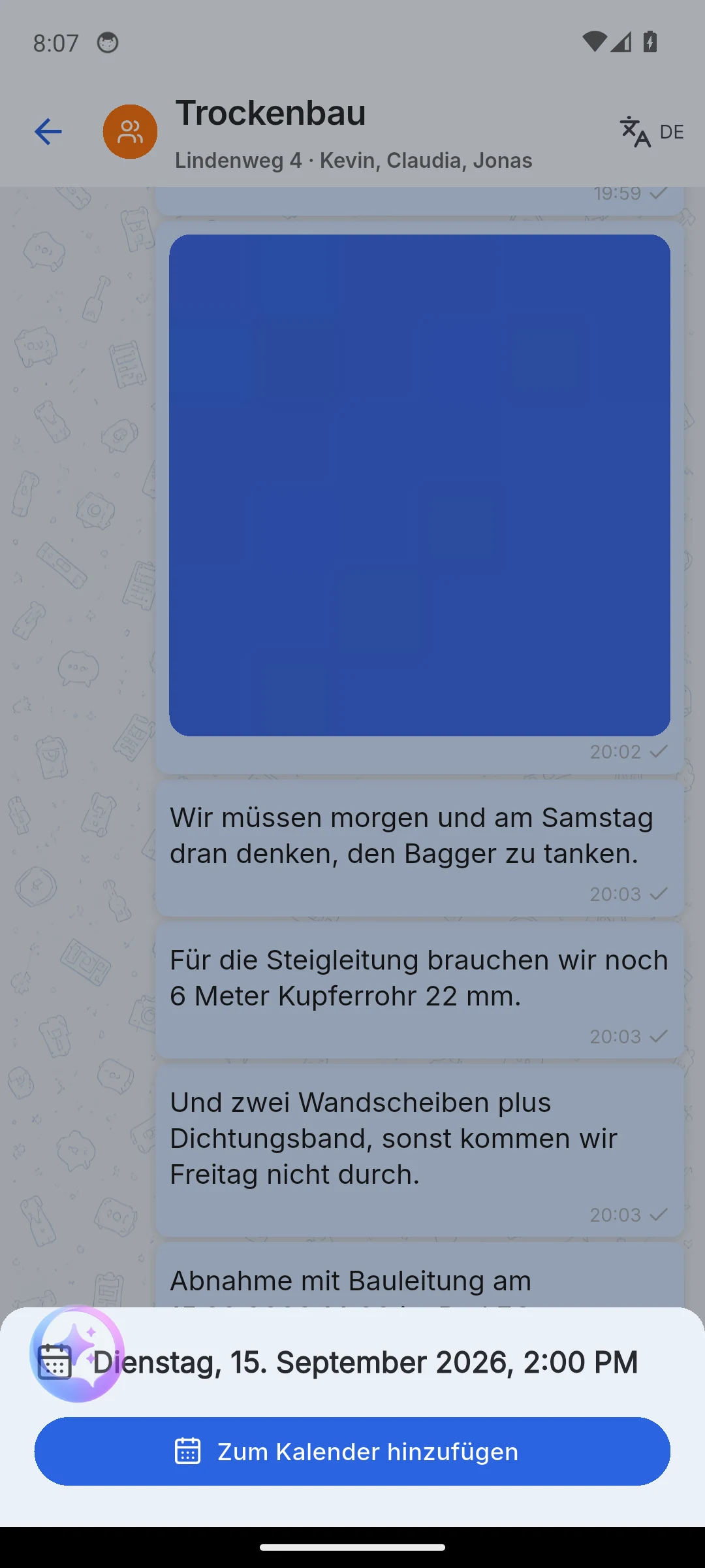 Skava Mobile-App: erkanntes Datum in einer Nachricht mit Zum Kalender hinzufügen
