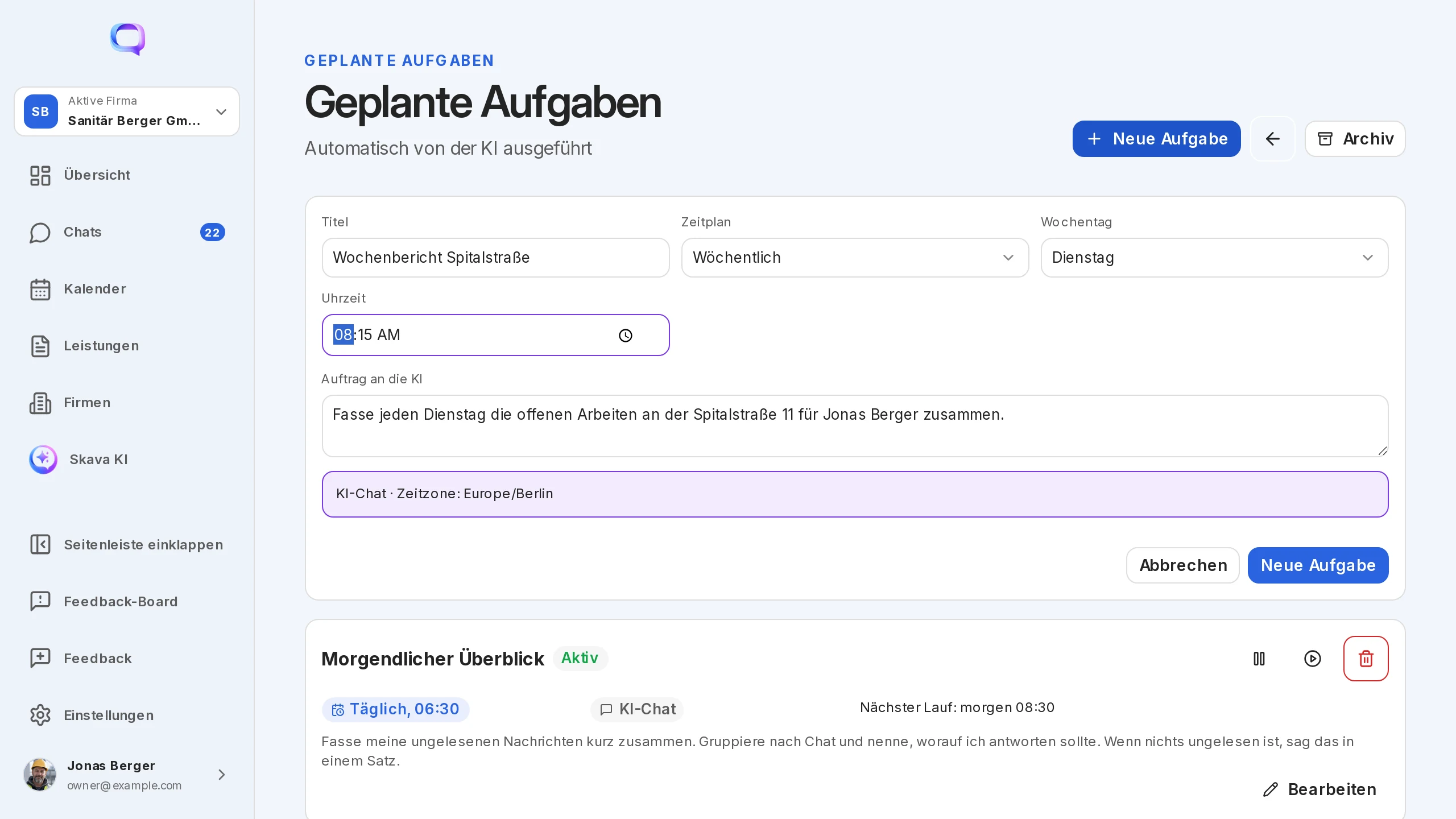 App web Skava: compito programmato personalizzato con titolo, pianificazione e incarico per l'IA