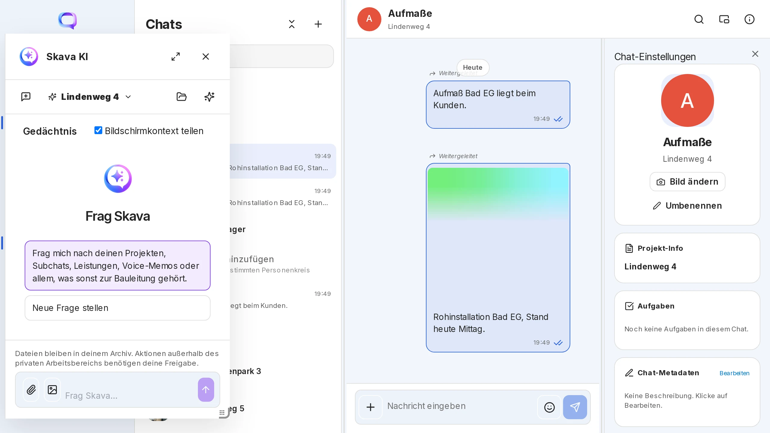 App web Skava: pannello Skava AI accanto alla chat con riferimento al progetto Lindenweg 4