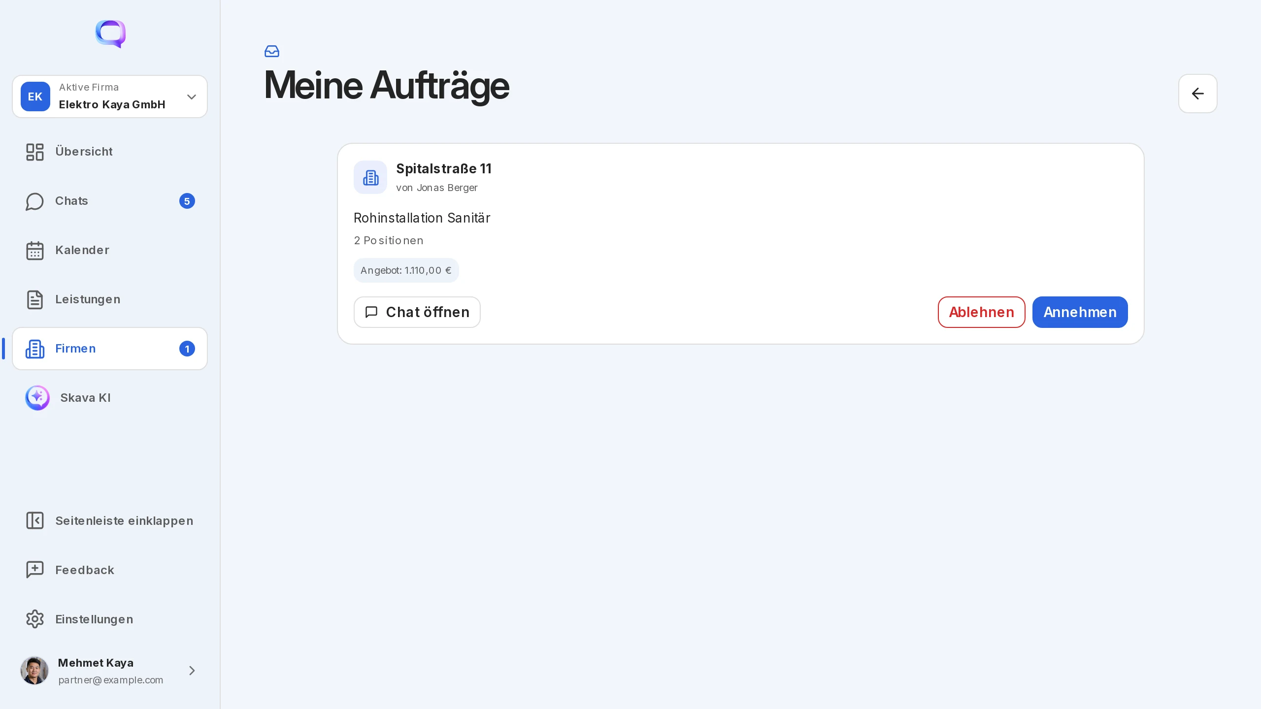 Skava Webapp: Meine Aufträge mit Annehmen und Ablehnen
